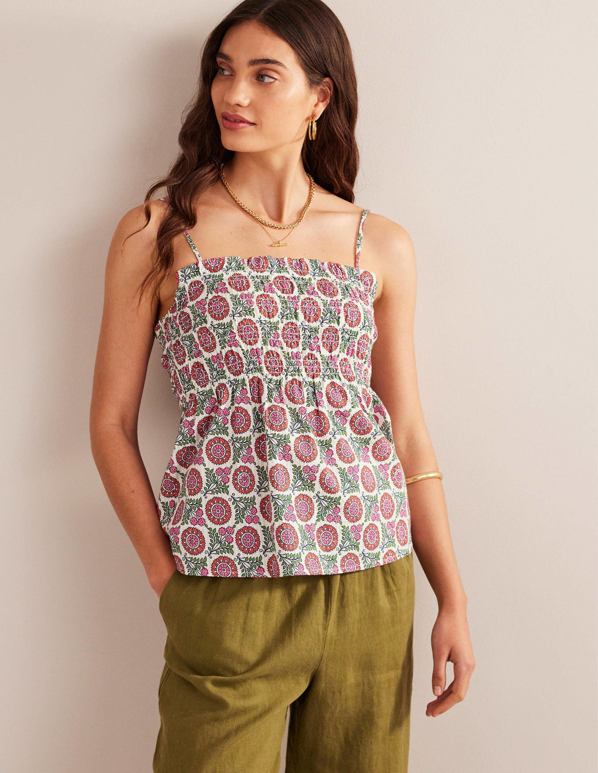 Smocked Cami Top-Gin Fizz, Sunflower Sprig-2