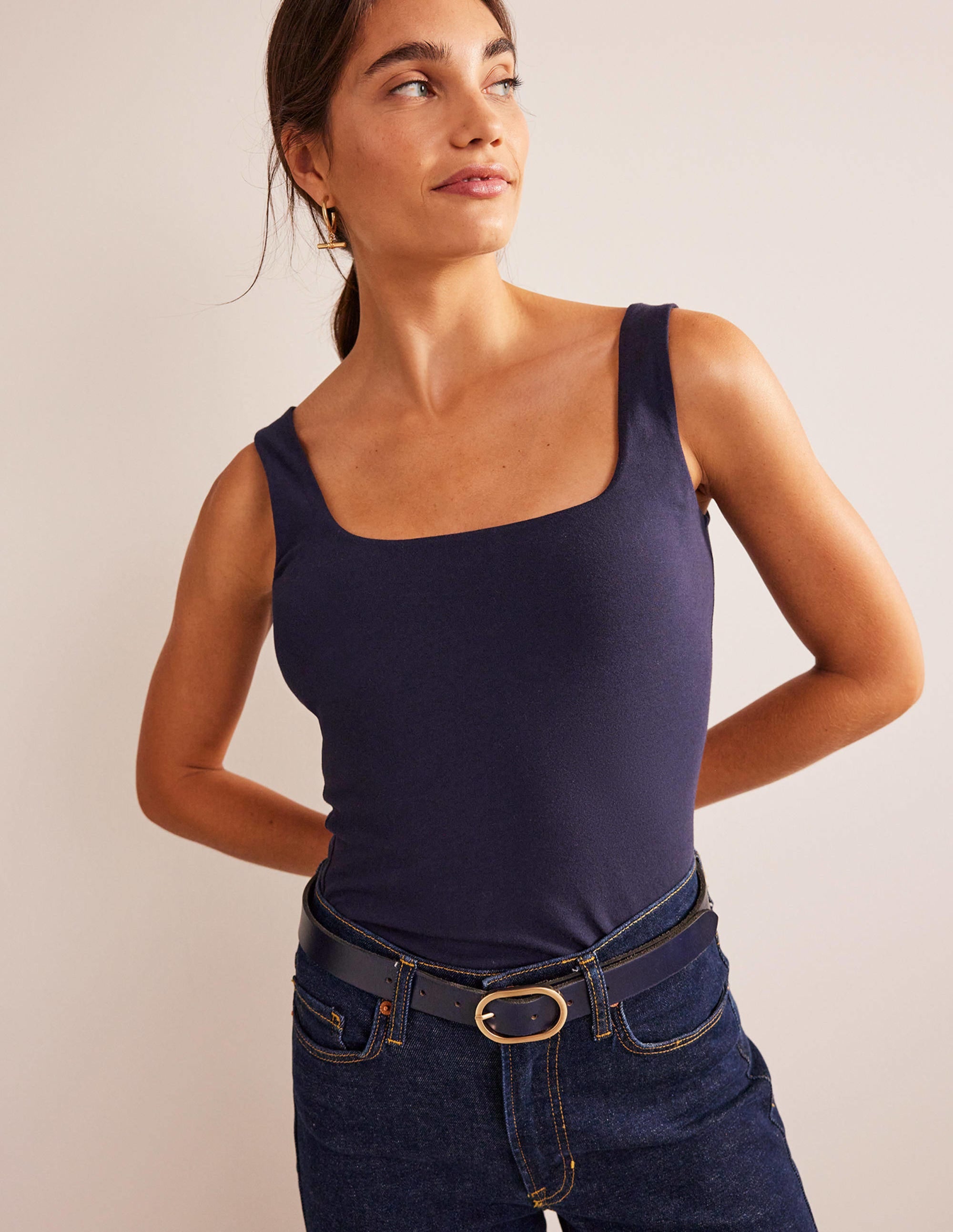 Double Layer Square Neck Tank-Navy - Image 1