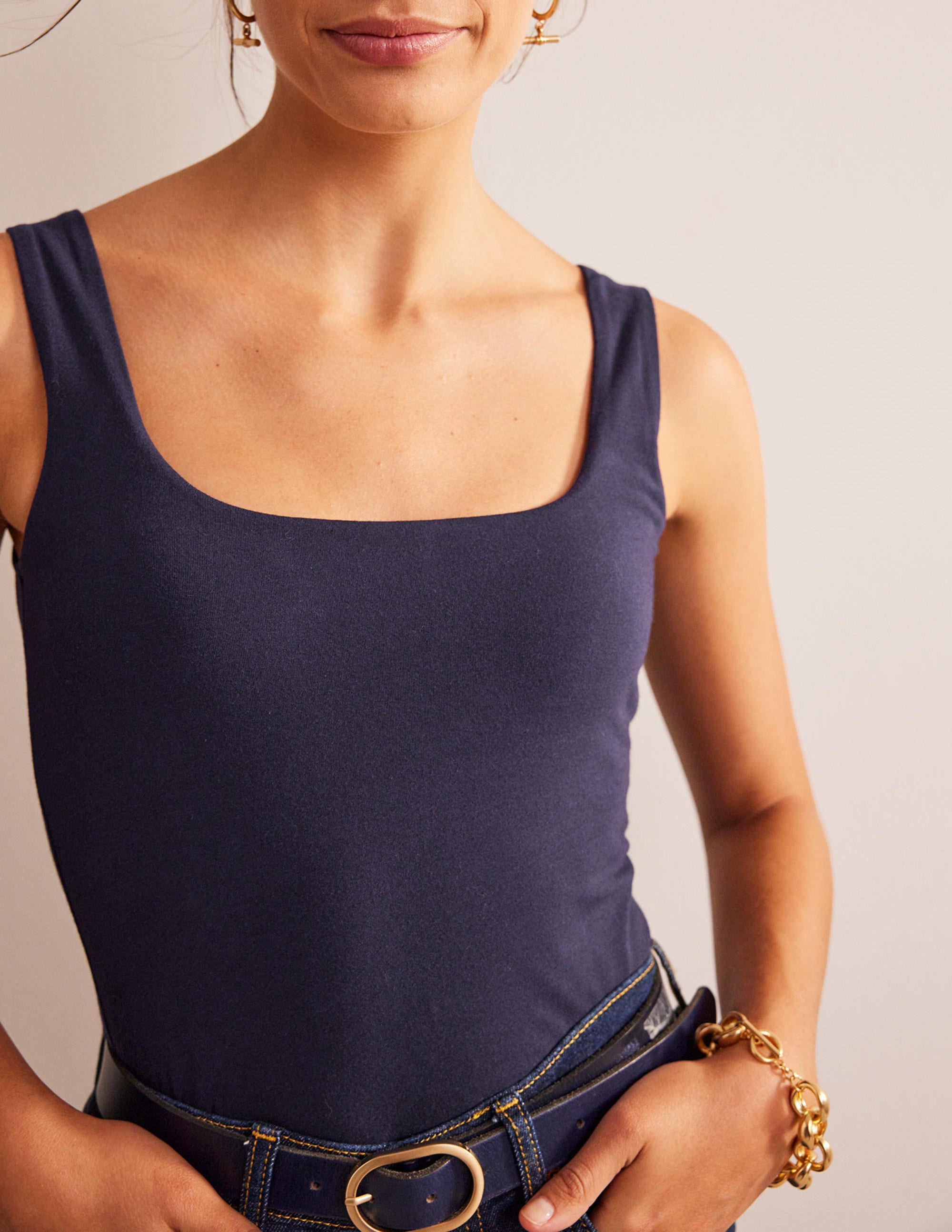 Double Layer Square Neck Tank-Navy - Image 2