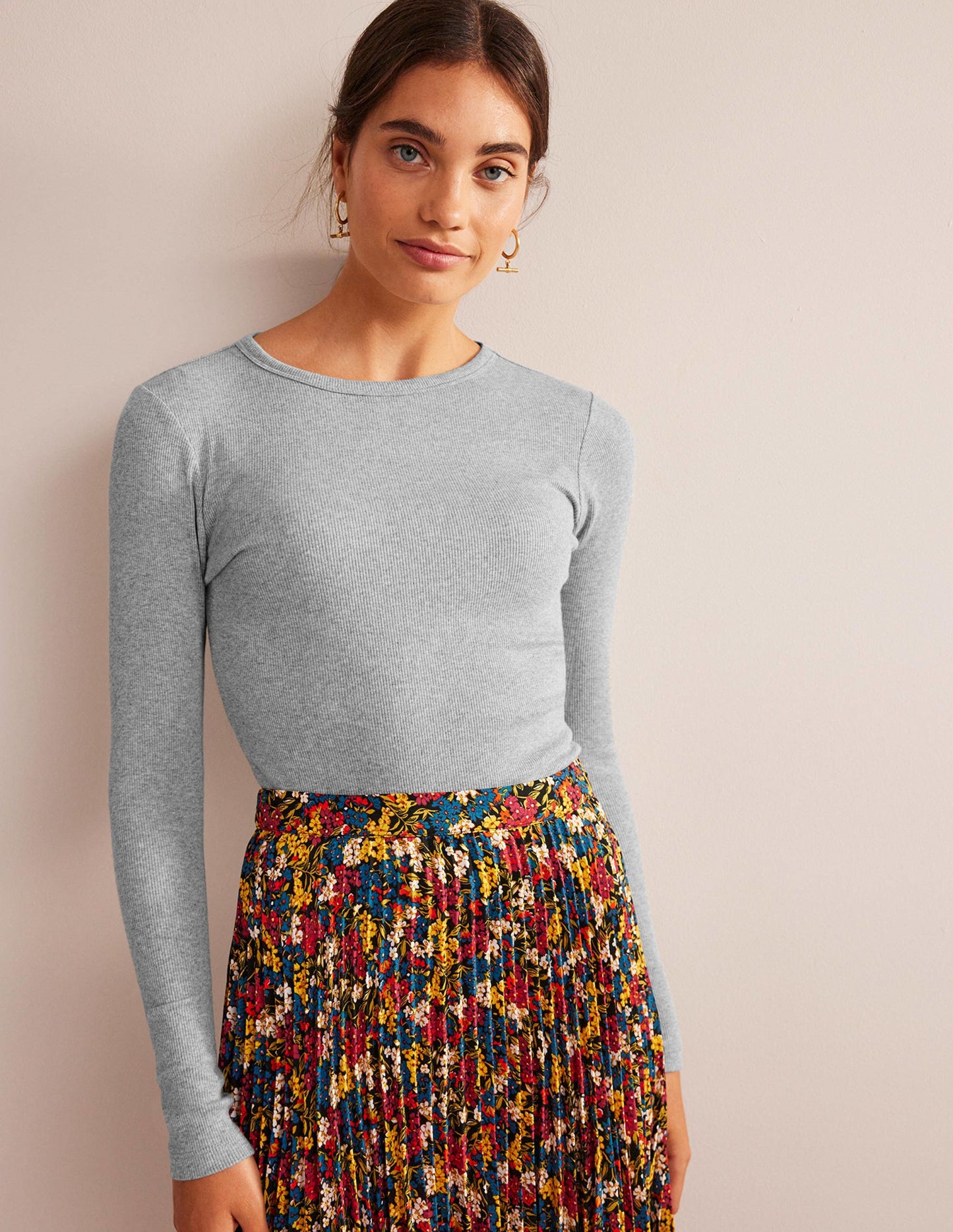 Cotton Ribbed Long Sleeve Top-Grey Marl