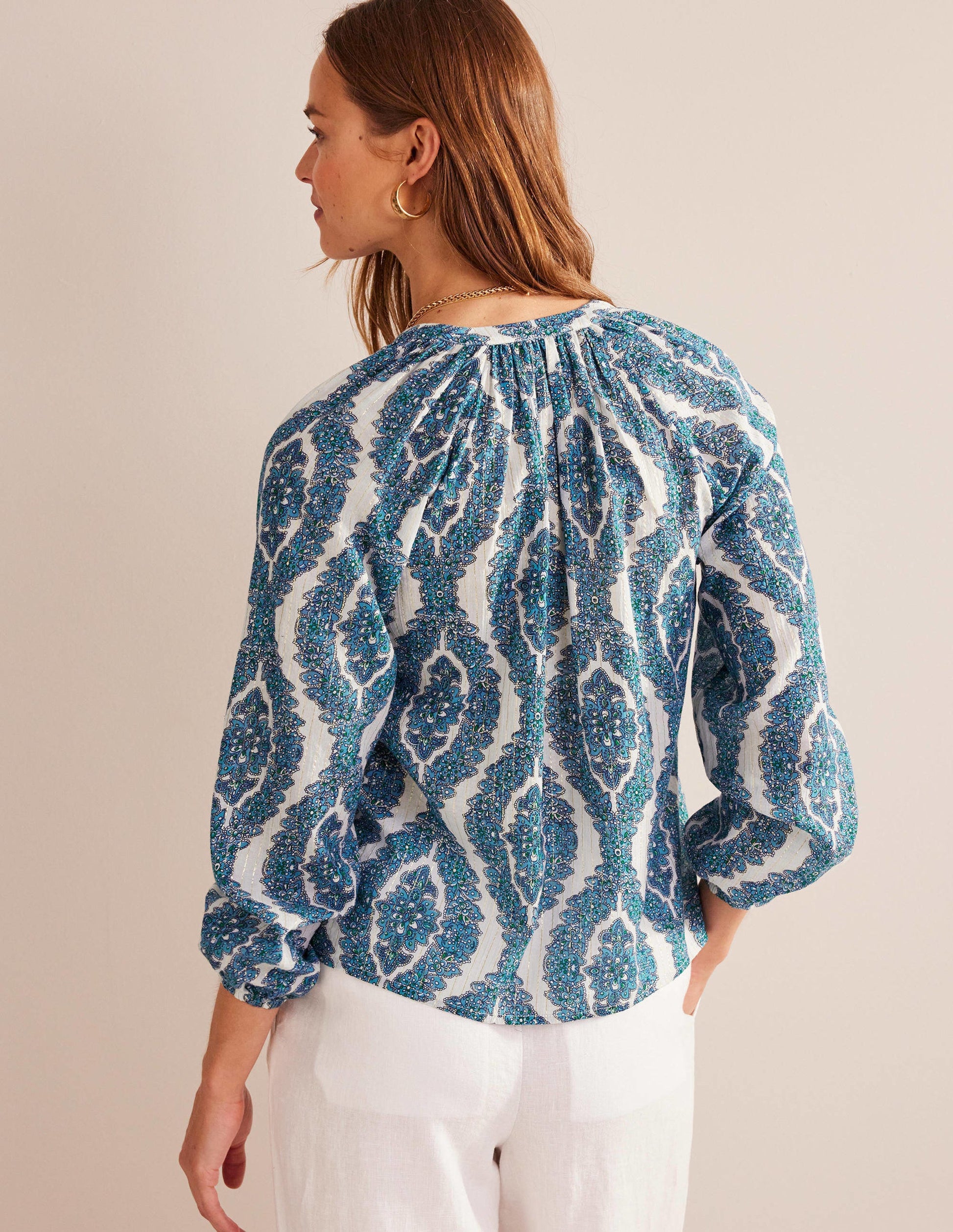 Printed Notch-Neck Sparkle Top-Blue, Botanic Wreath-3