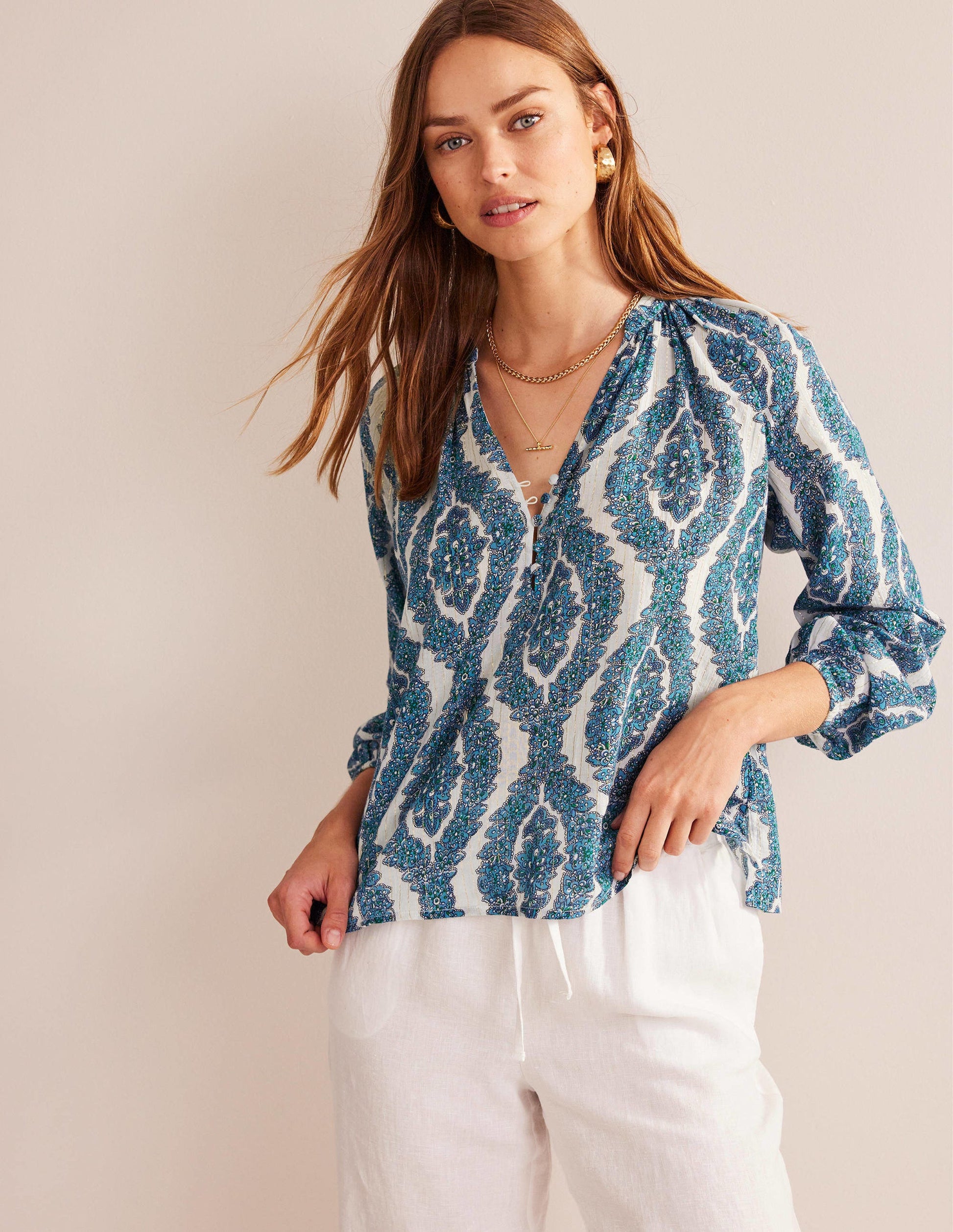 Printed Notch-Neck Sparkle Top-Blue, Botanic Wreath-4