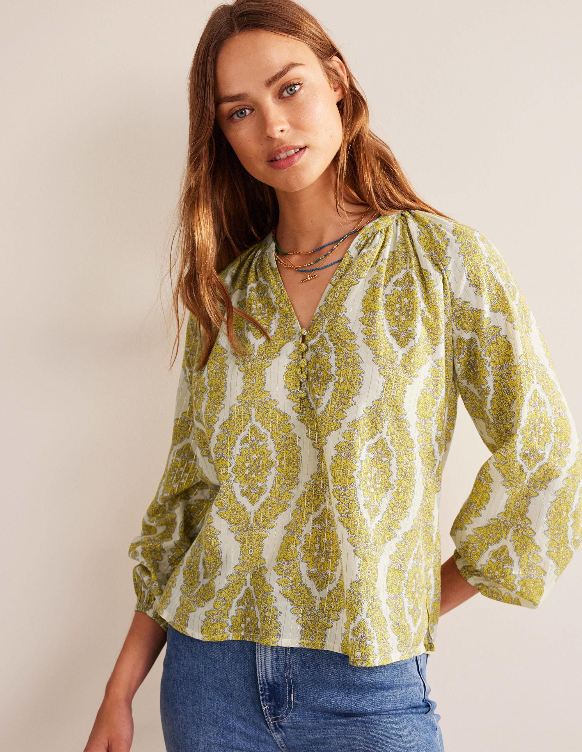 Printed Notch-Neck Sparkle Top-Pineapple, Botanic Wreath - Image 1