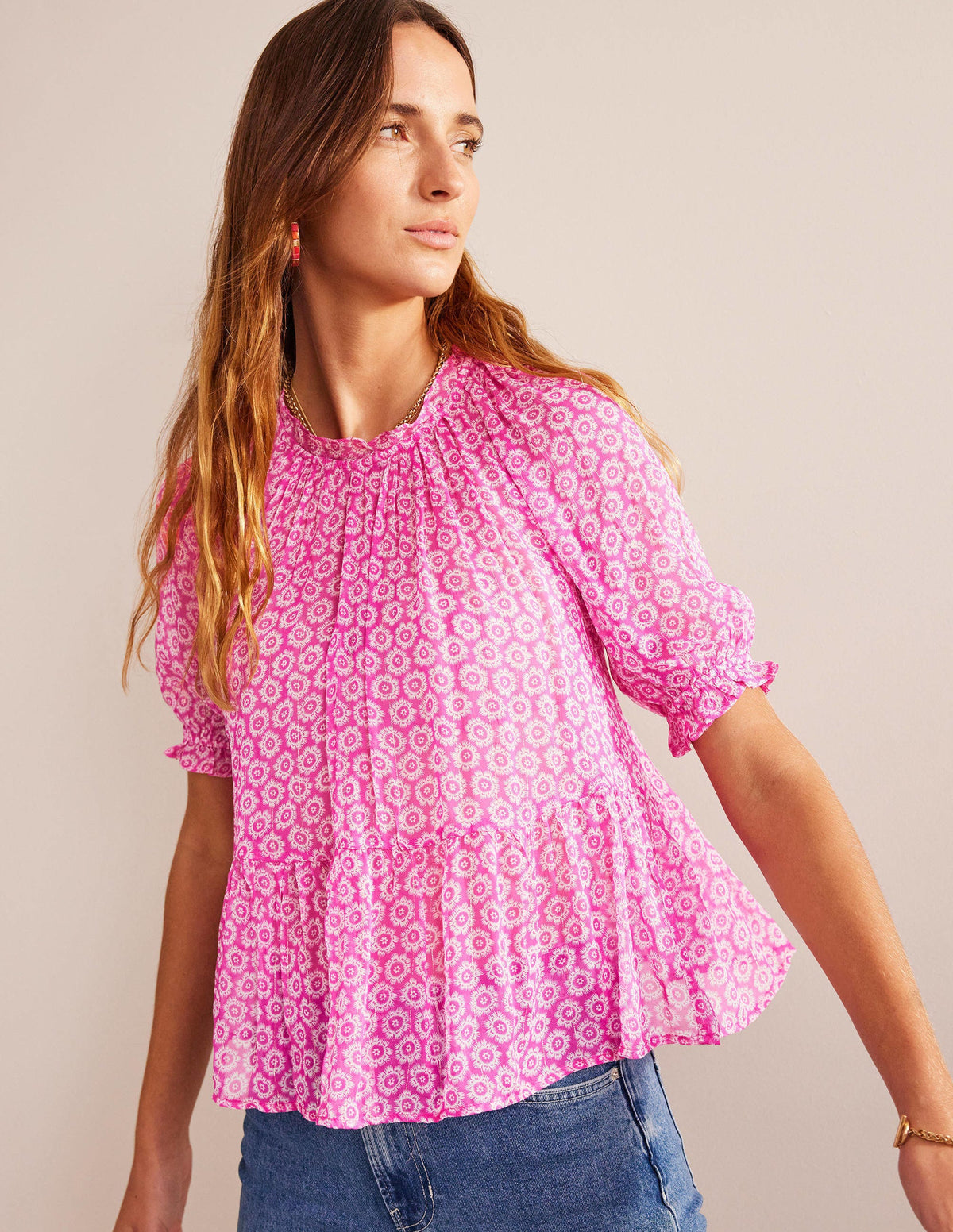 Gathered Sparkle Georgette Top-Phlox Pink, Sunrise Pop-1