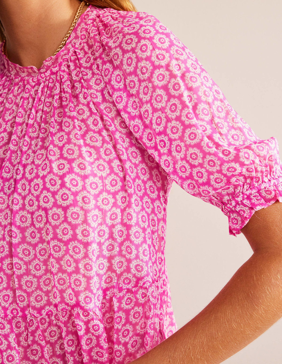 Gathered Sparkle Georgette Top-Phlox Pink, Sunrise Pop-2