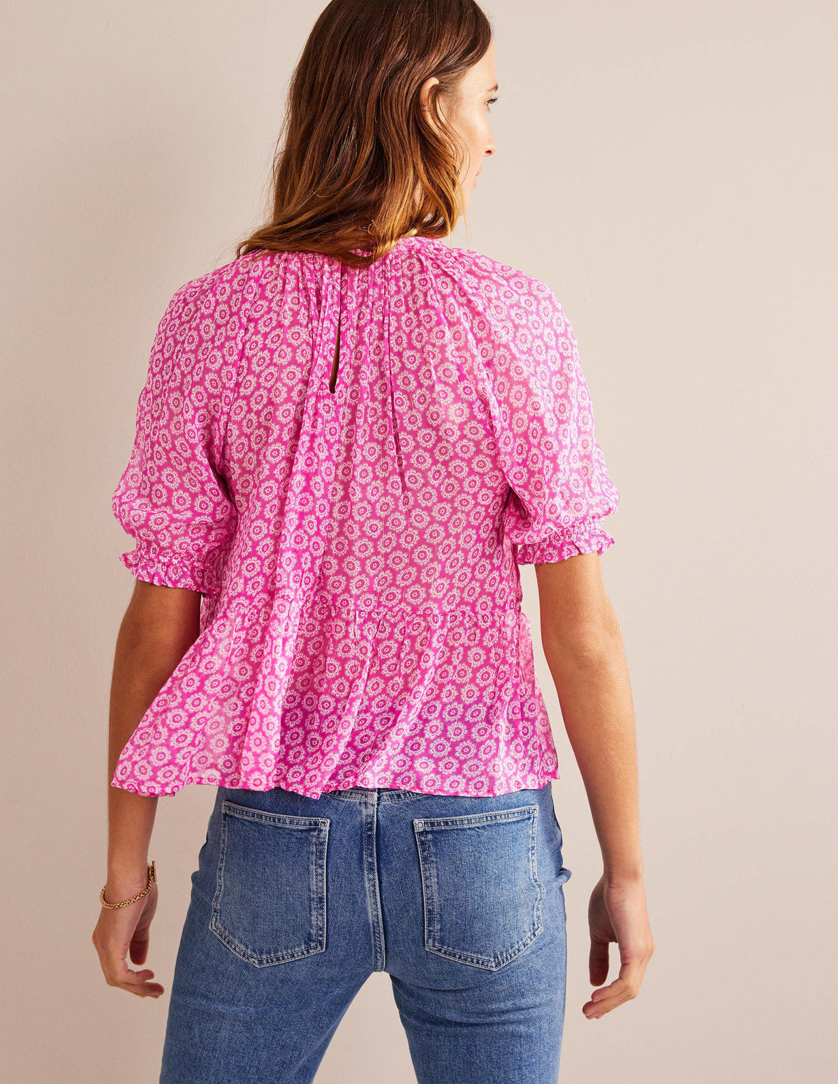 Gathered Sparkle Georgette Top-Phlox Pink, Sunrise Pop-3