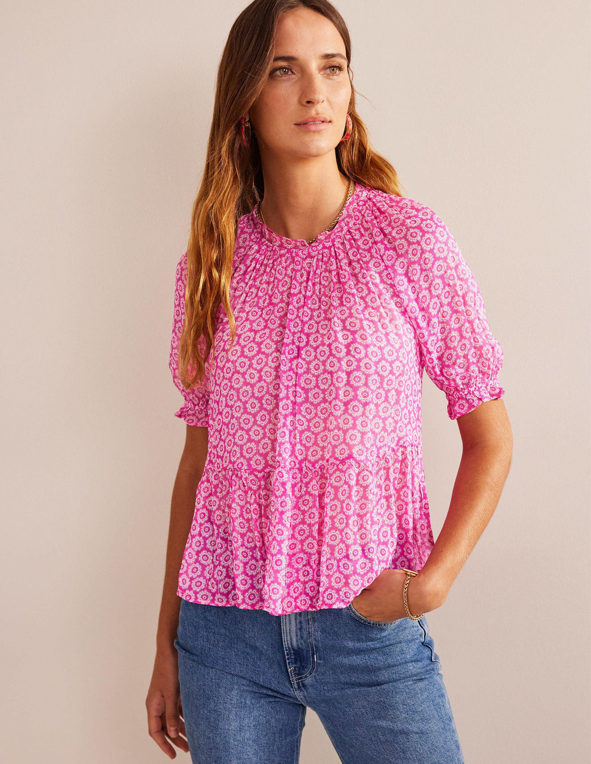 Gathered Sparkle Georgette Top-Phlox Pink, Sunrise Pop-4