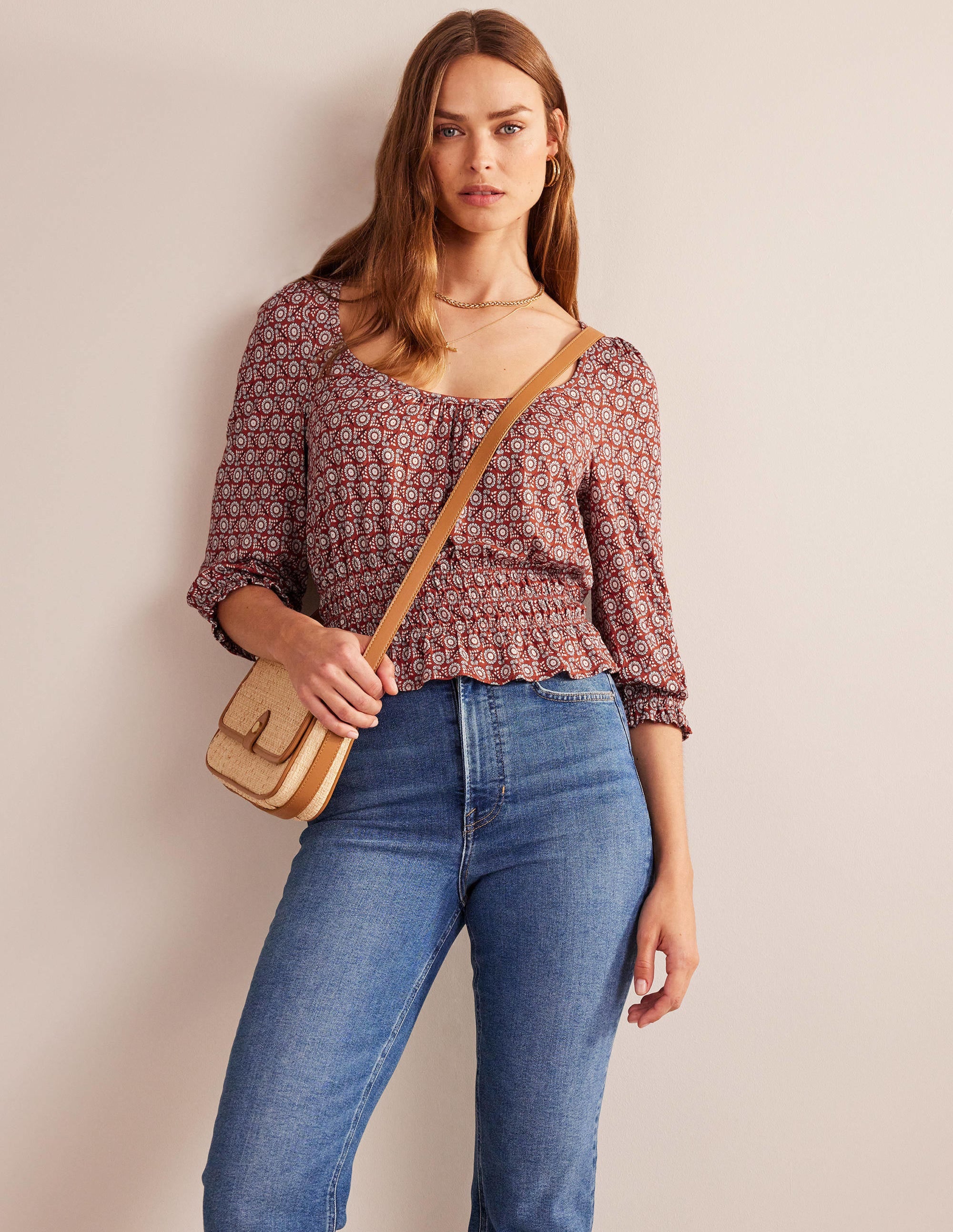 Smocked Jersey Peplum Top-Tomato, Sunflower Spring - Image 1