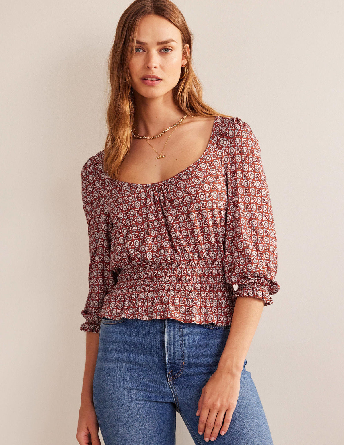 Smocked Jersey Peplum Top-Tomato, Sunflower Spring-4