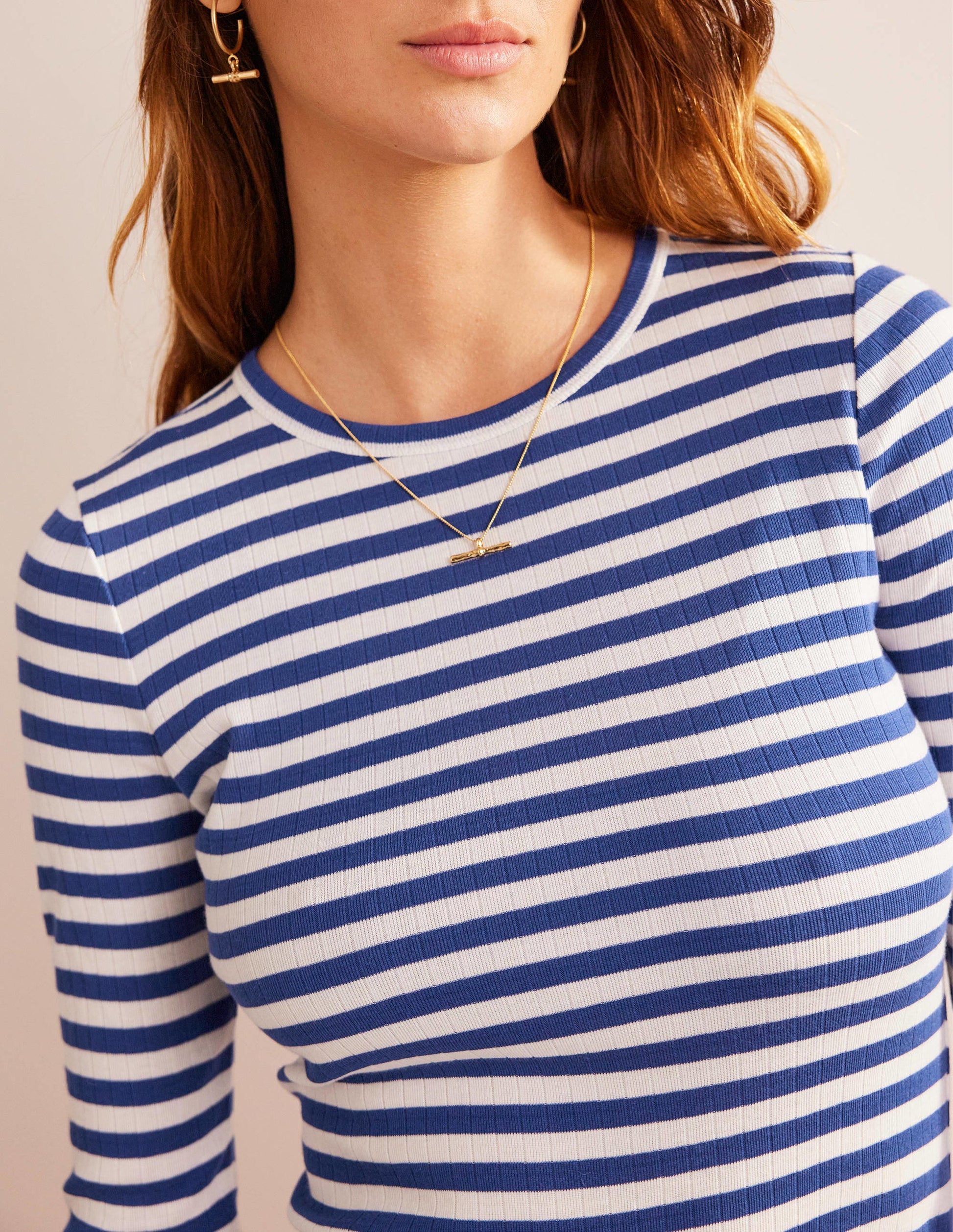 Anna Rib Crew T-Shirt-Lapis Blue, Ivory Stripe-2