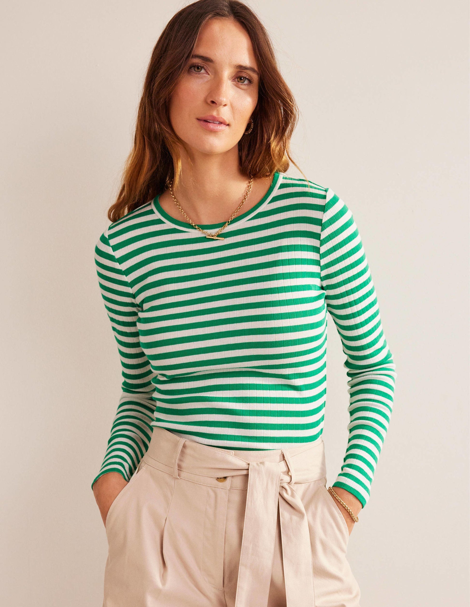 Anna Rib Crew T-Shirt-Meadow Green, Ivory Stripe-1