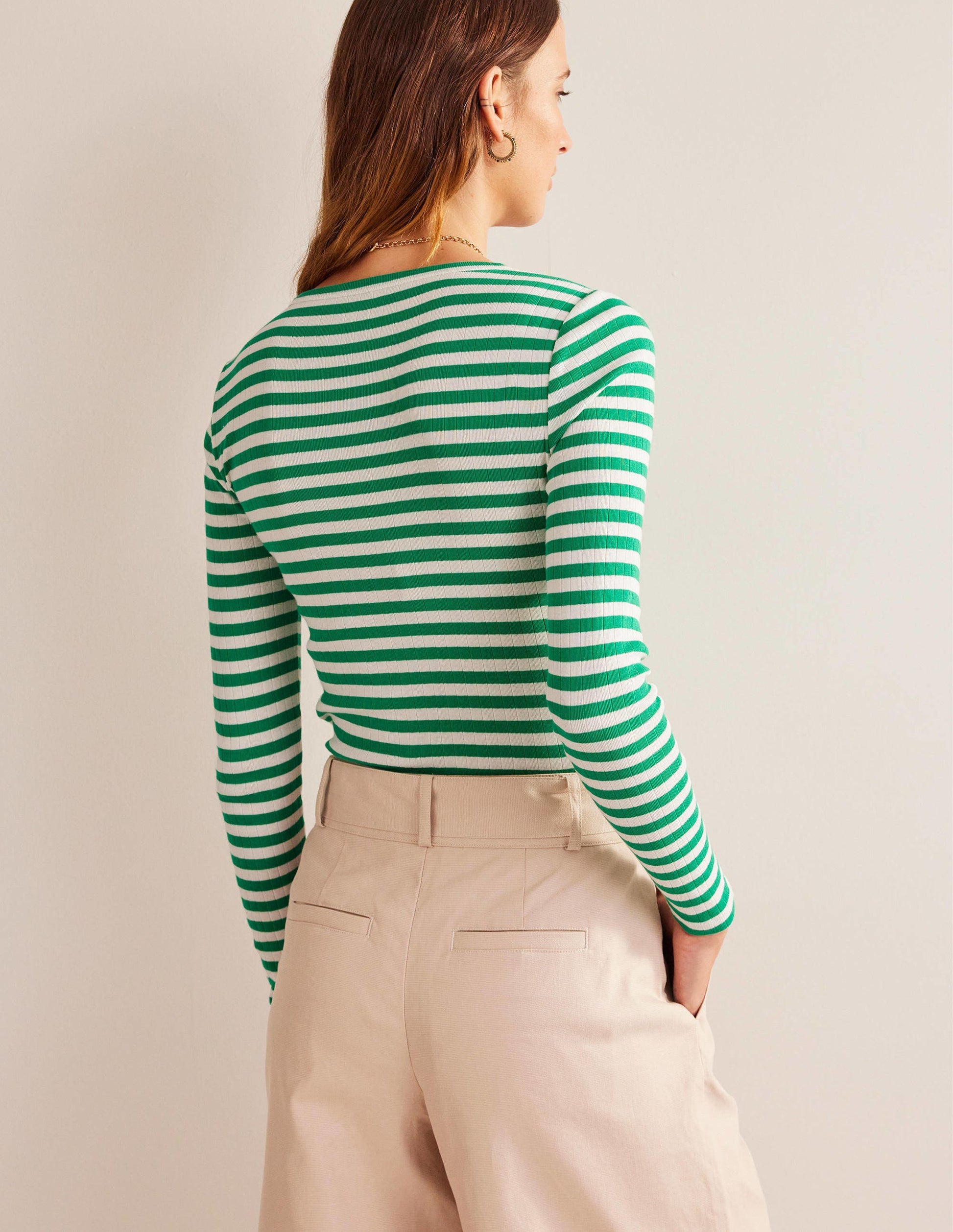 Anna Rib Crew T-Shirt-Meadow Green, Ivory Stripe-3