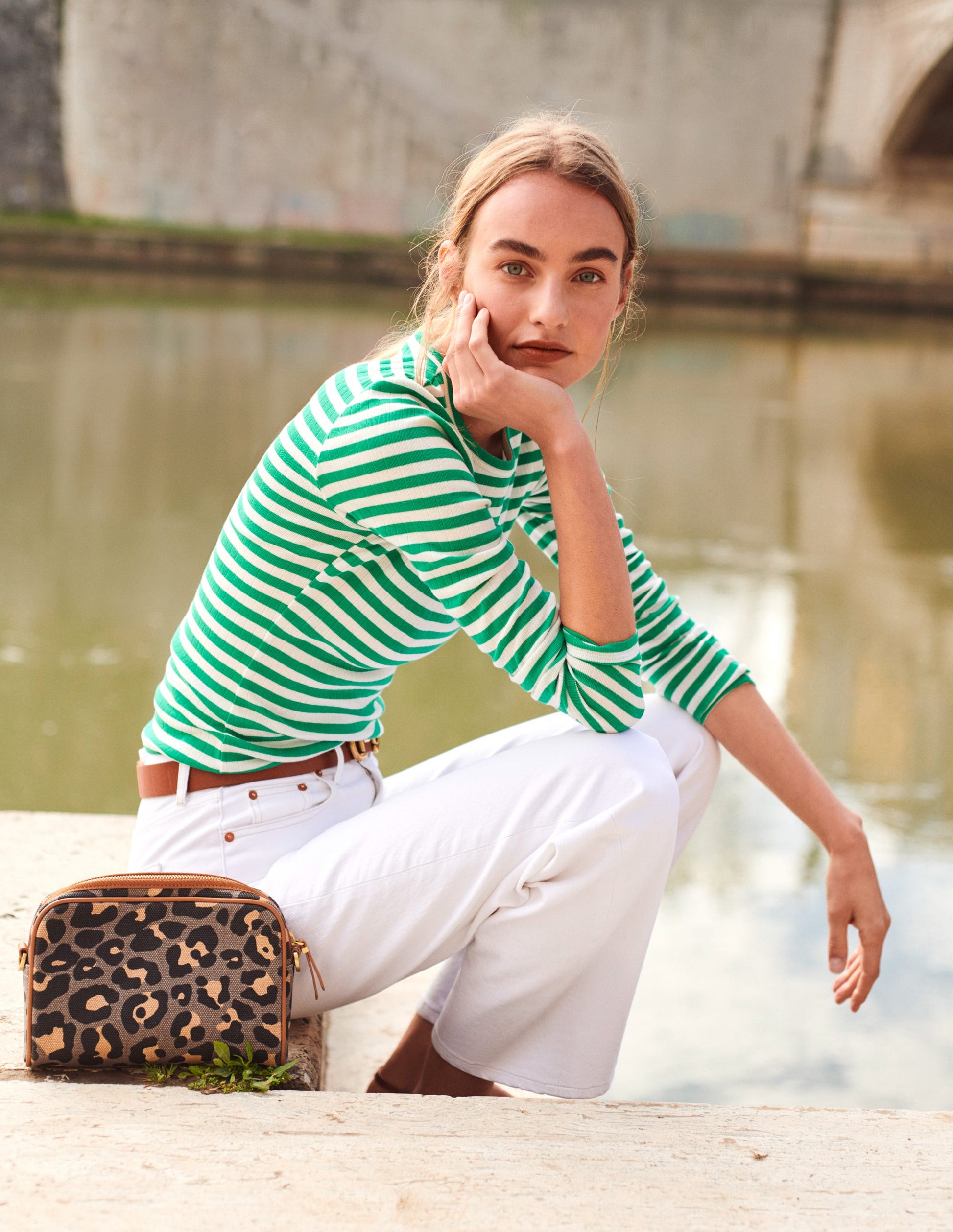 Anna Rib Crew T-Shirt-Meadow Green, Ivory Stripe-5