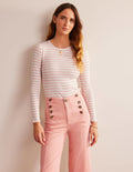 Anna Rib Crew T-Shirt-Ivory, Peach Skin Stripe