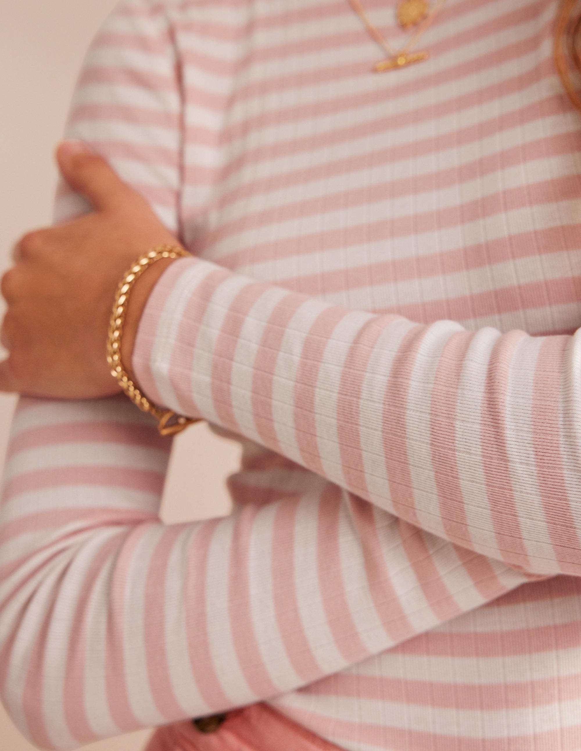 Anna Rib Crew T-Shirt-Ivory, Peach Skin Stripe - Image 2