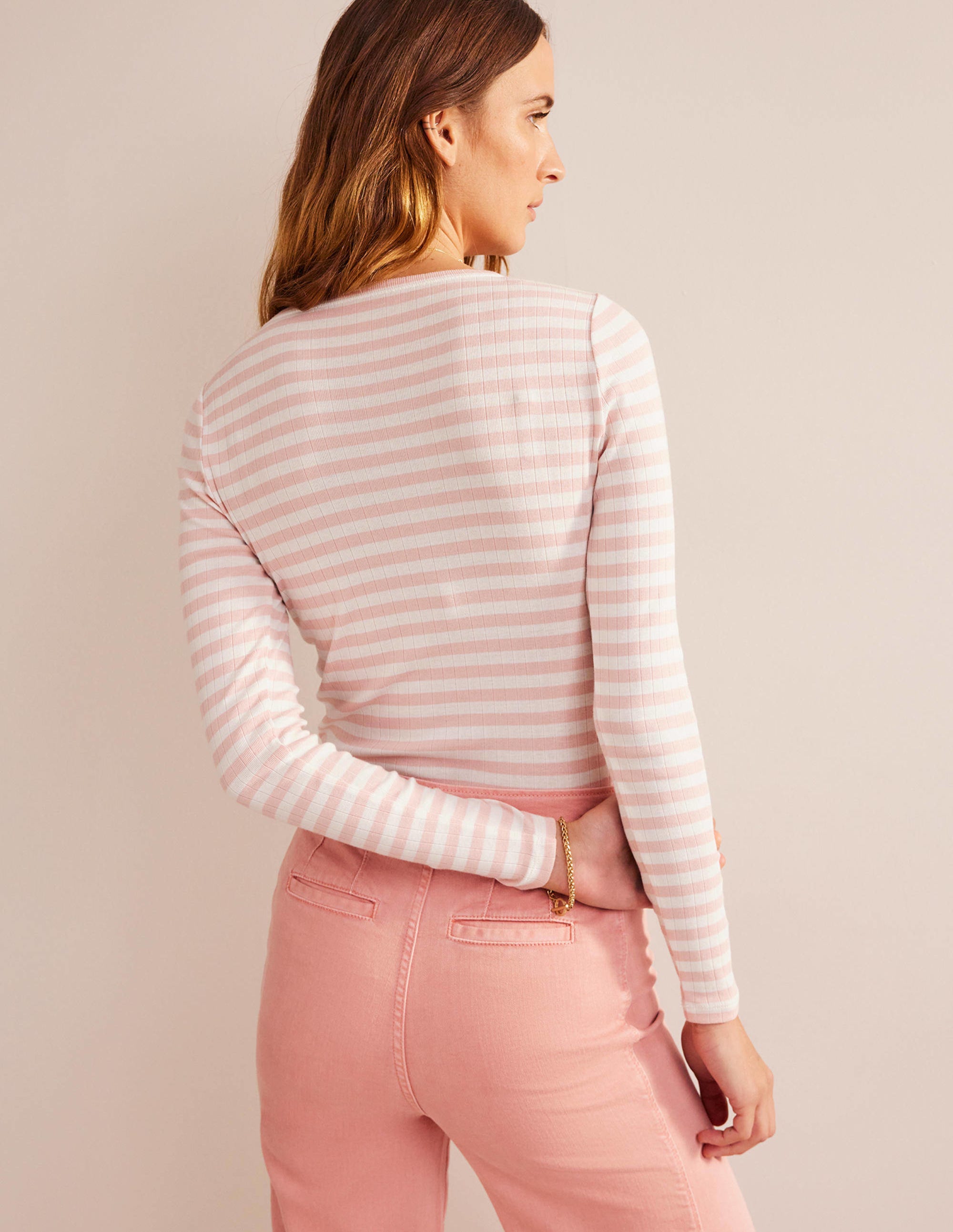 Anna Rib Crew T-Shirt-Ivory, Peach Skin Stripe - Image 3