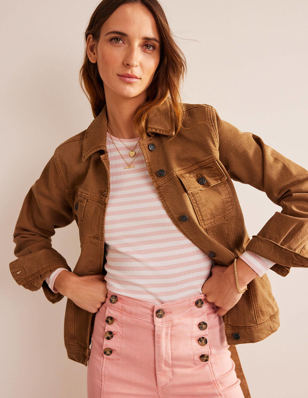 Anna Rib Crew T-Shirt-Ivory, Peach Skin Stripe - Image 4