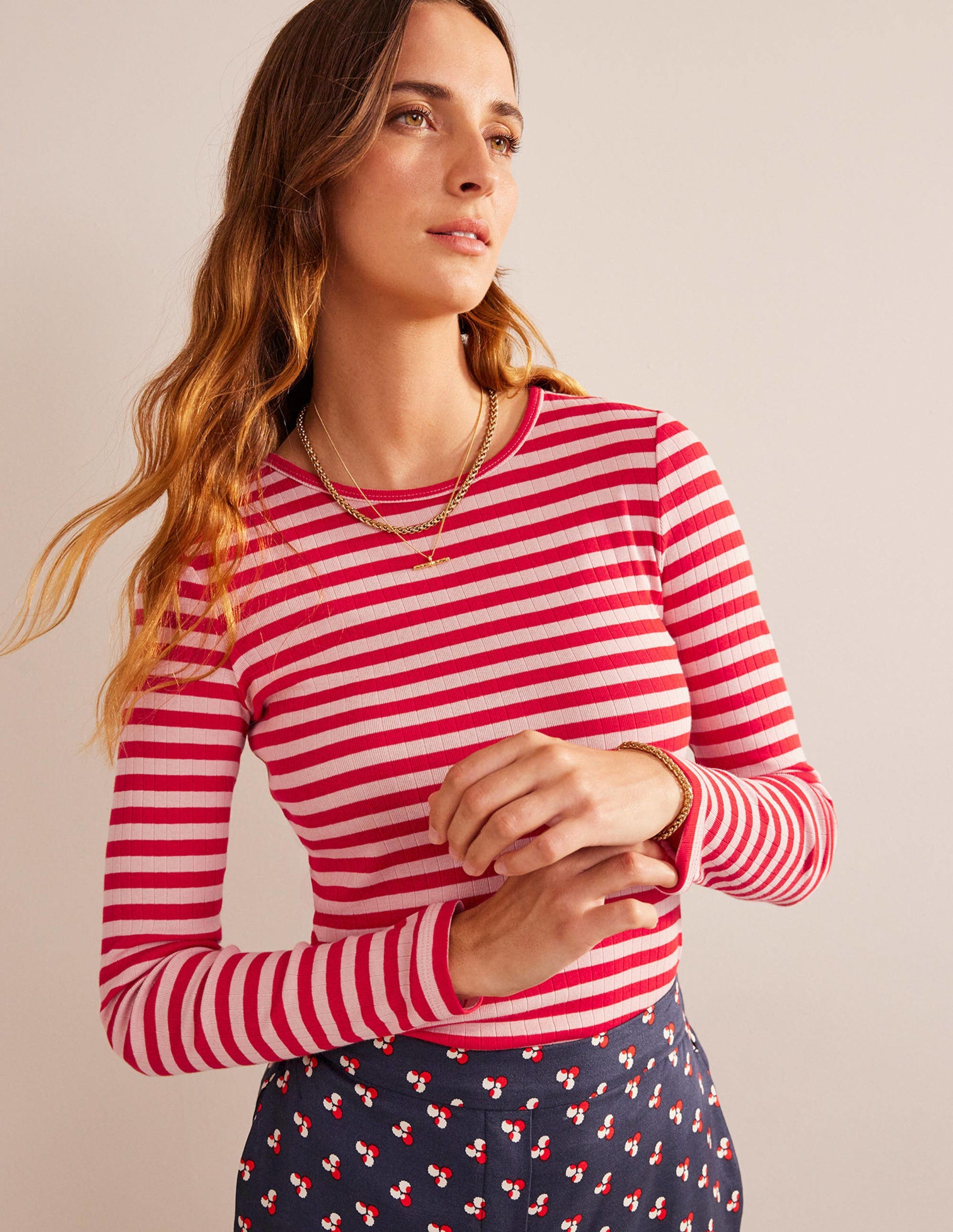 Anna Rib Crew T-Shirt-Peach Skin, Hot Pepper Stripe-1