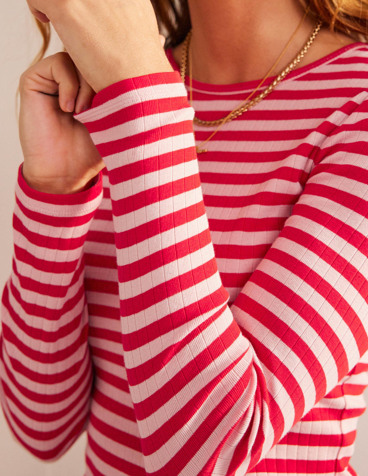 Anna Rib Crew T-Shirt-Peach Skin, Hot Pepper Stripe - Image 2