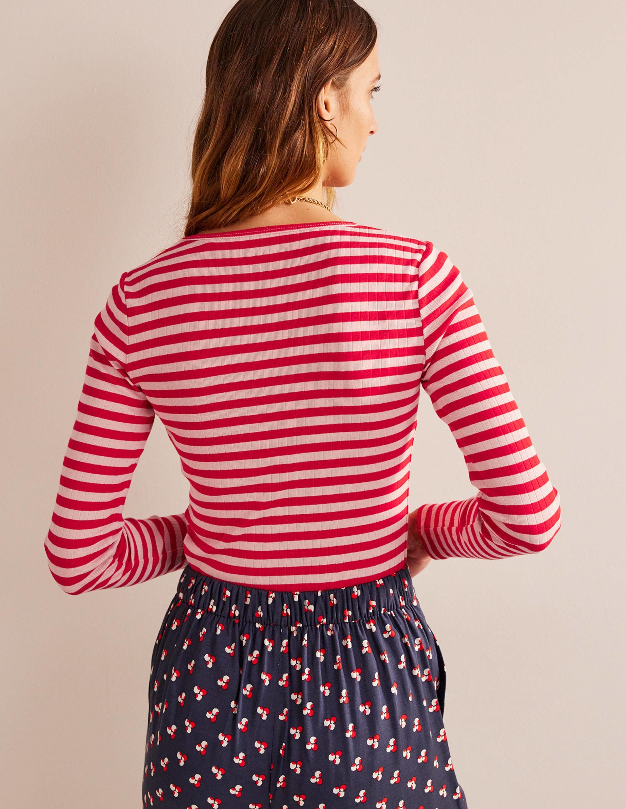 Anna Rib Crew T-Shirt-Peach Skin, Hot Pepper Stripe - Image 3