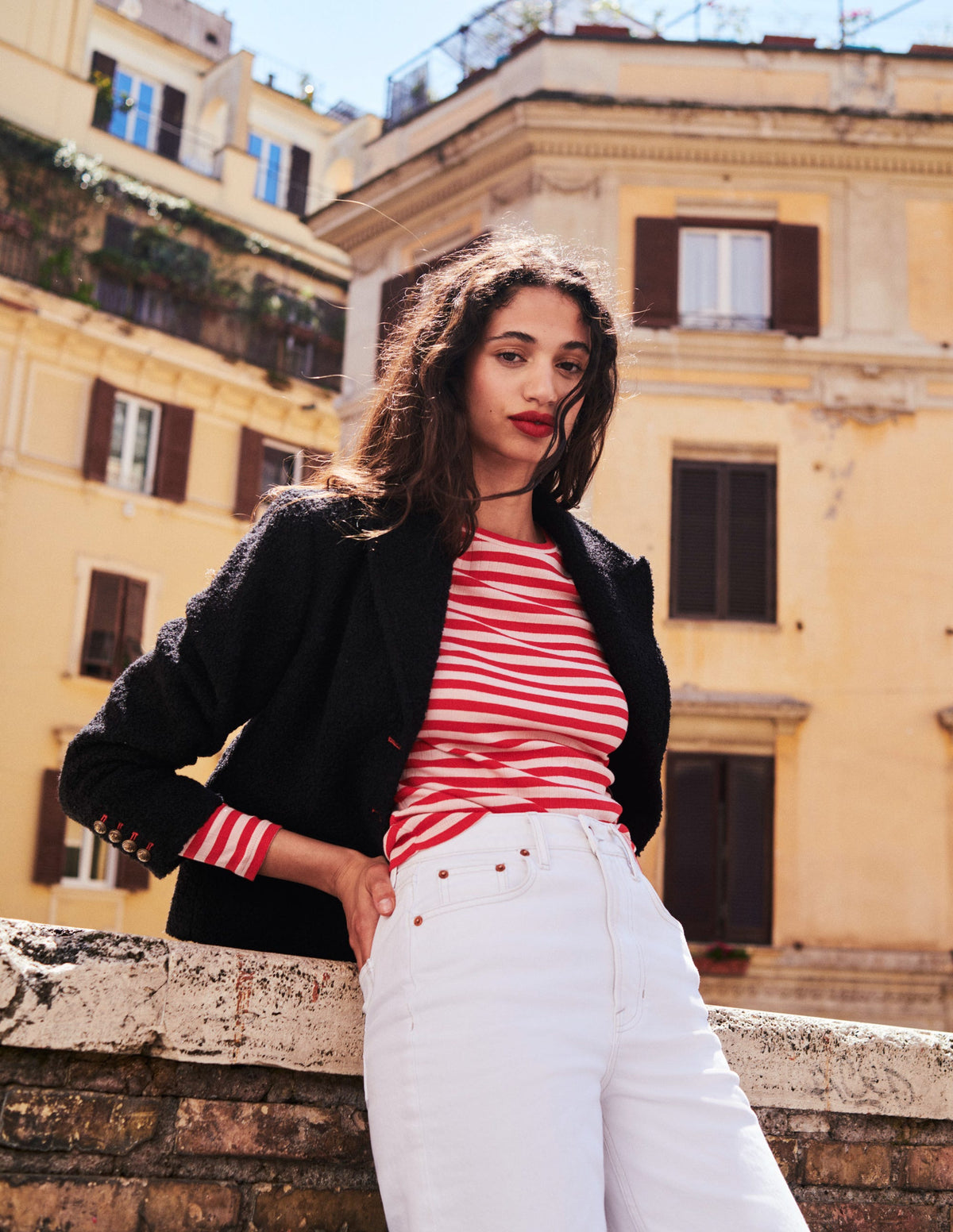 Anna Rib Crew T-Shirt-Peach Skin, Hot Pepper Stripe - Image 7