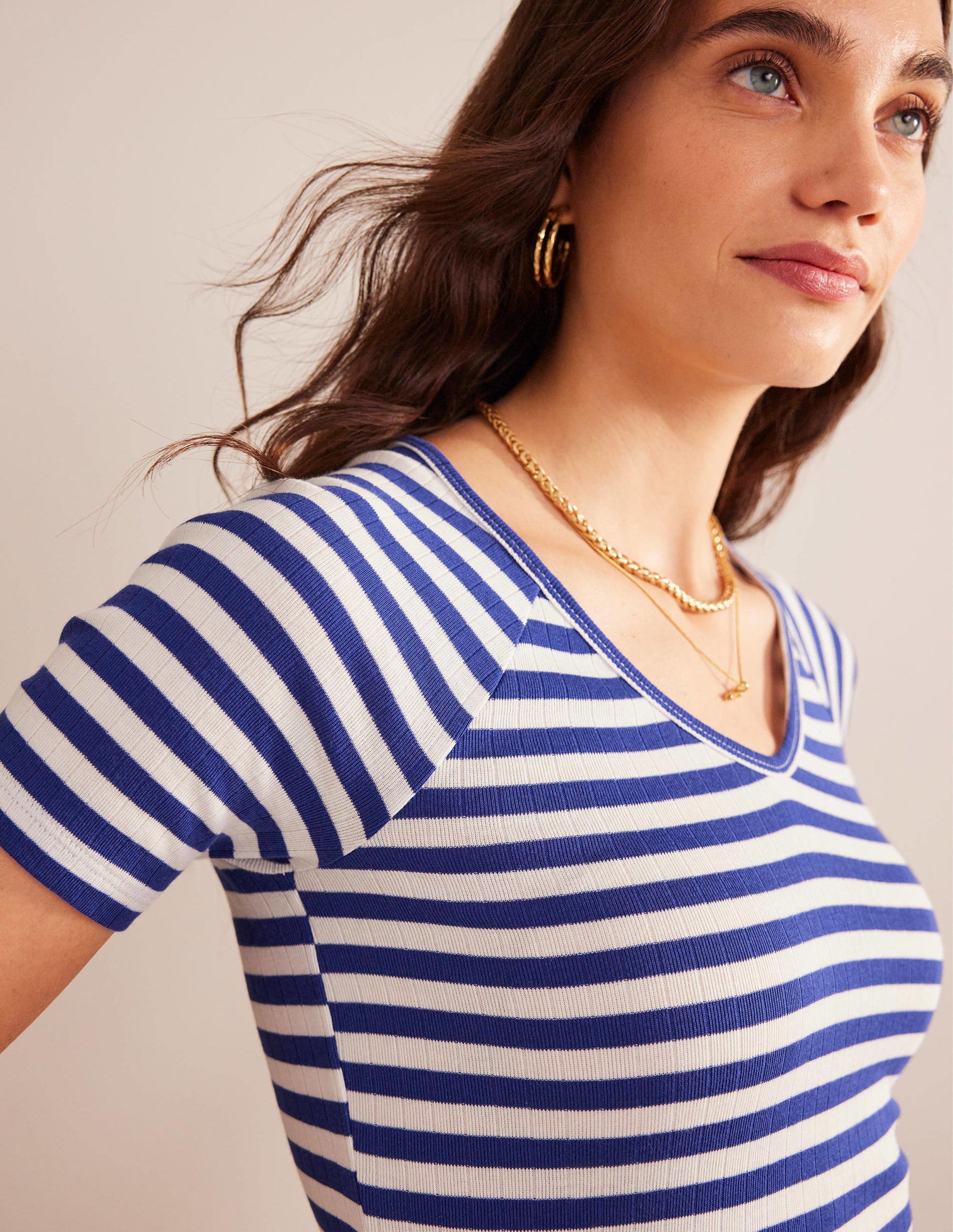 Anna Rib V-Neck T-Shirt-Lapis Blue, Ivory Stripe-2