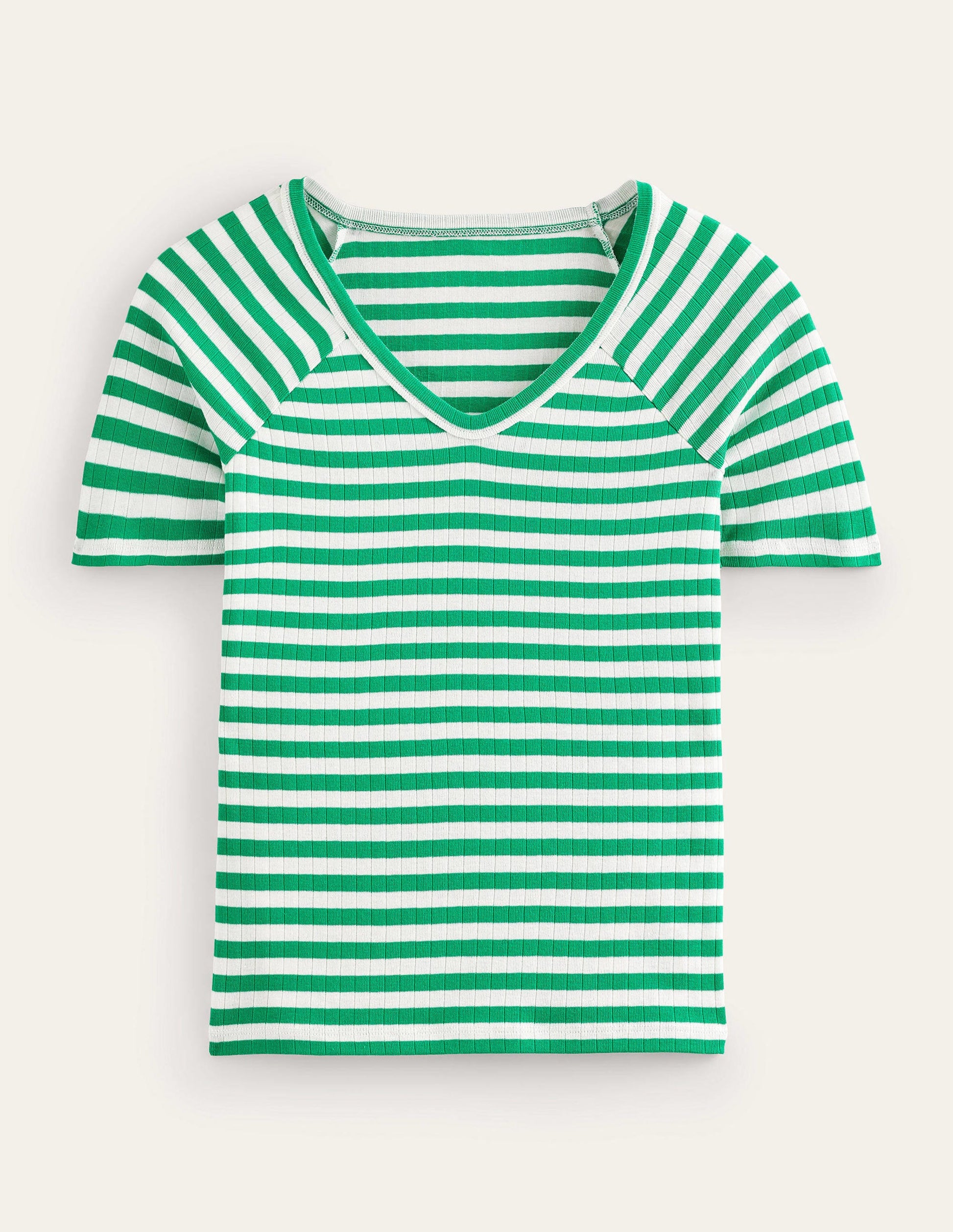 Anna Rib V-Neck T-Shirt-Meadow Green, Ivory Stripe-5