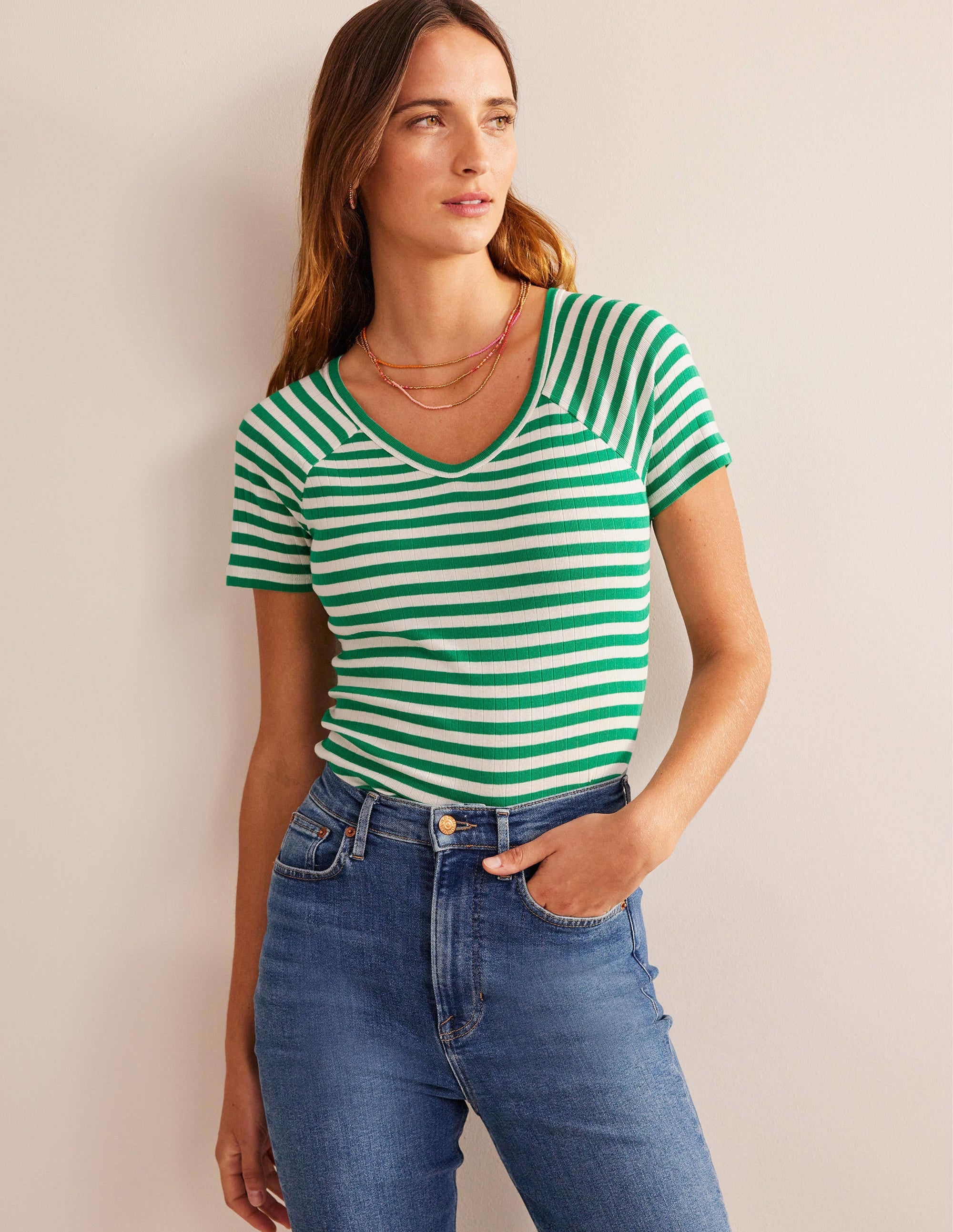 Anna Rib V-Neck T-Shirt-Meadow Green, Ivory Stripe - Image 1