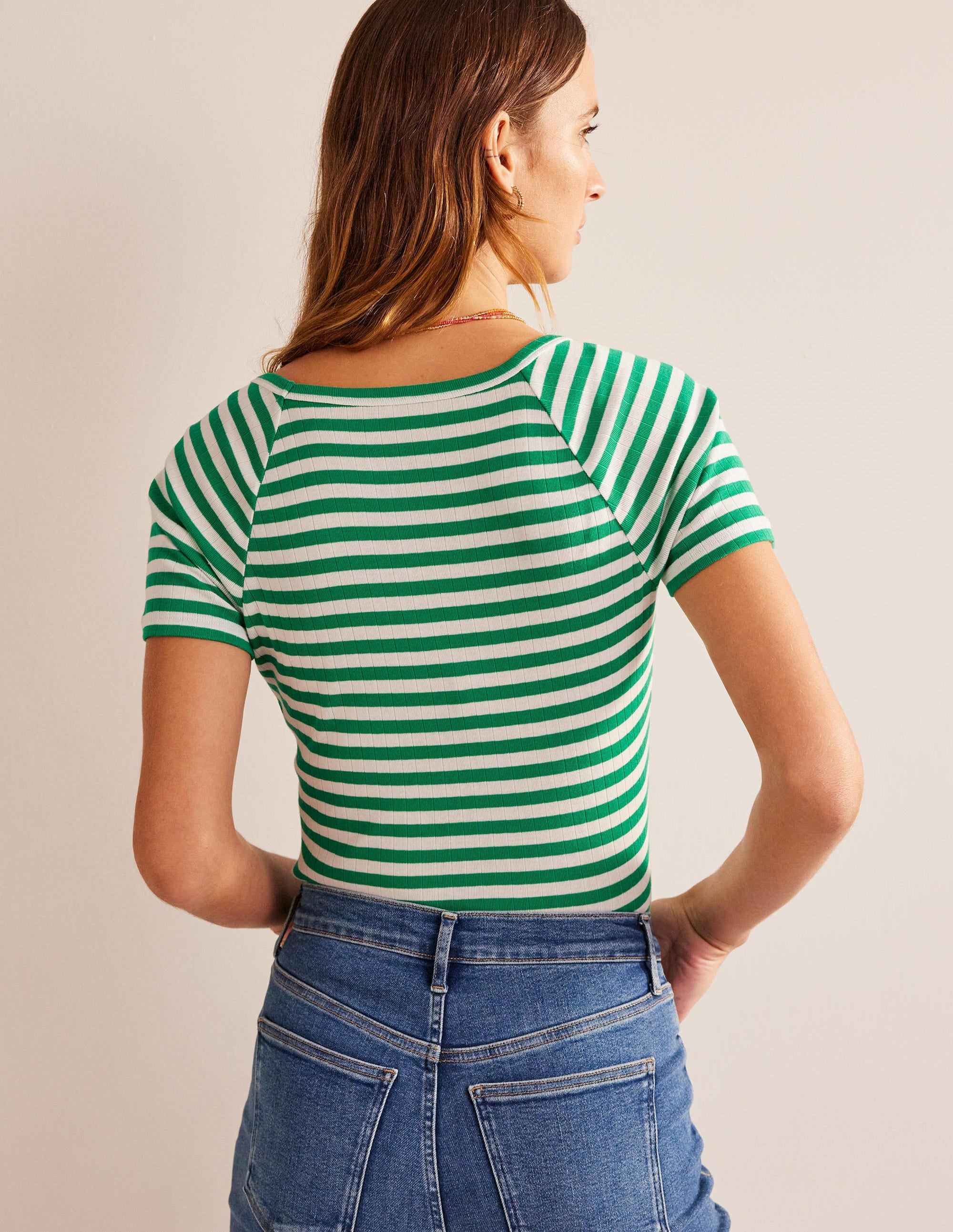 Anna Rib V-Neck T-Shirt-Meadow Green, Ivory Stripe - Image 3