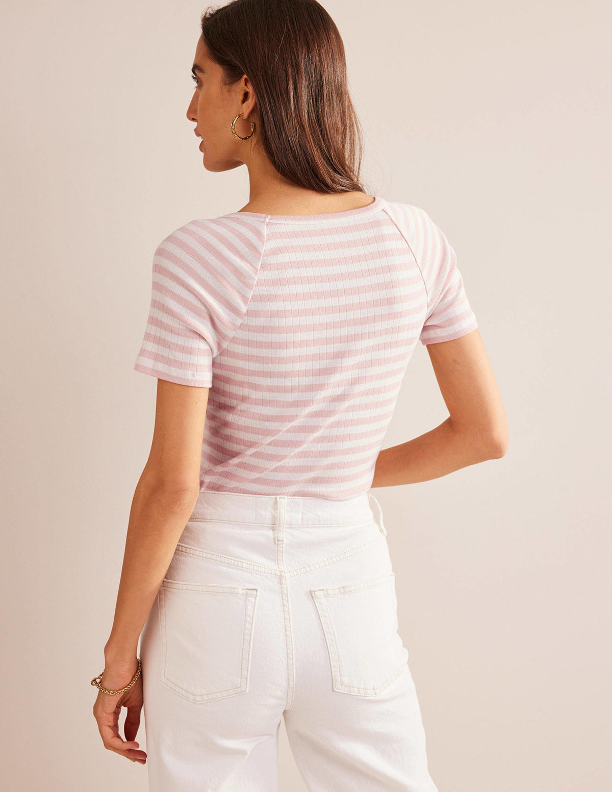 Anna Rib V-Neck T-Shirt-Ivory, Peach Skin Stripe - Image 3
