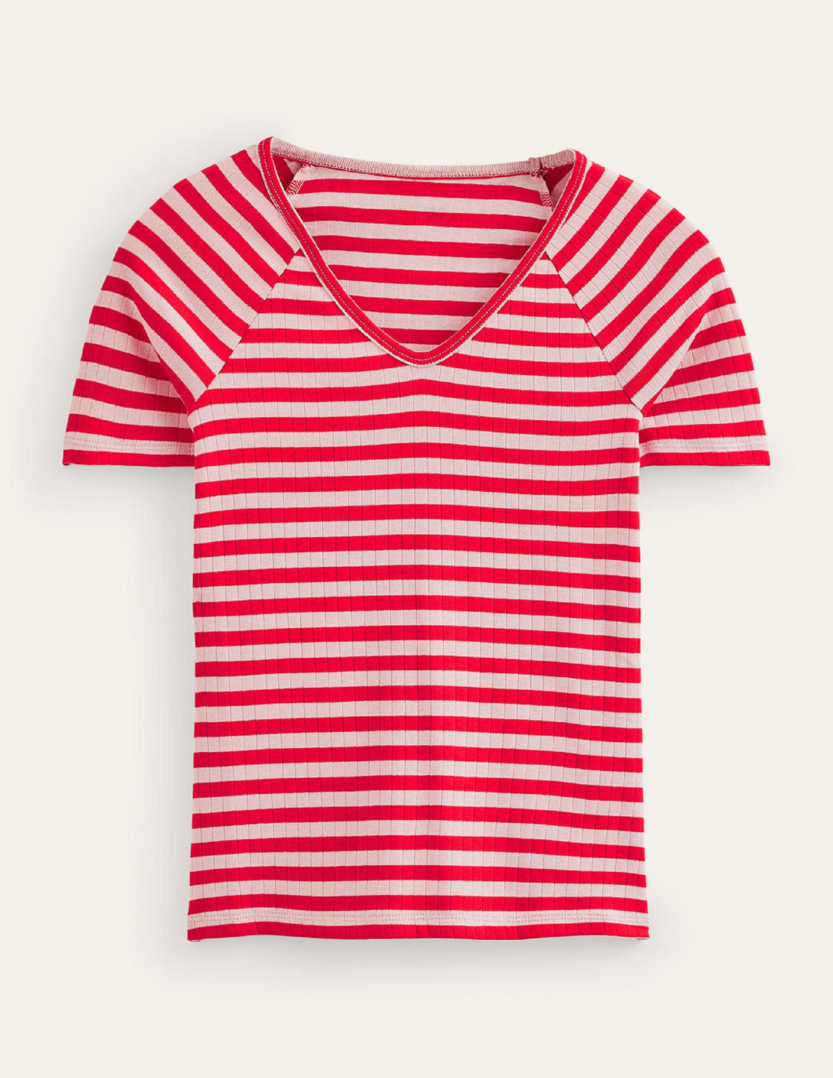 Anna Rib V-Neck T-Shirt-Peach Skin, Hot Pepper Stripe - Image 5
