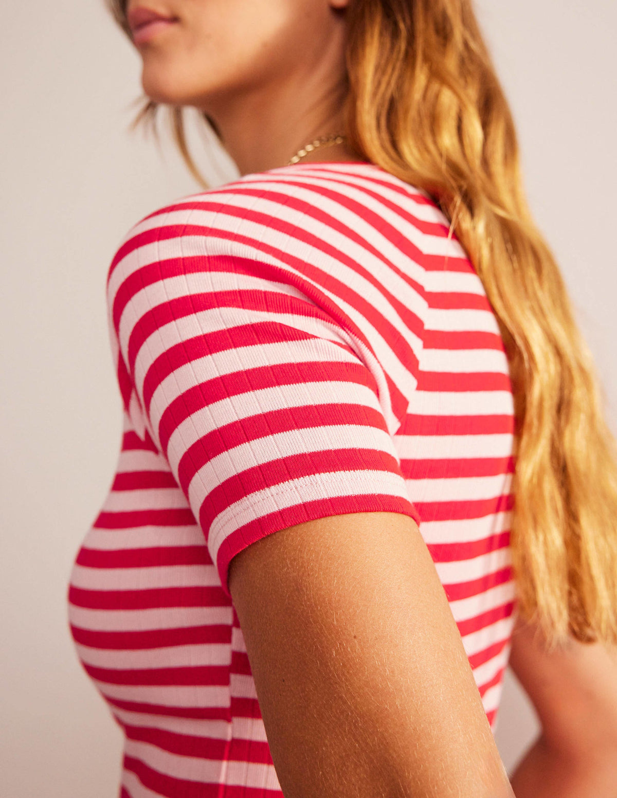 Anna Rib V-Neck T-Shirt-Peach Skin, Hot Pepper Stripe - Image 2