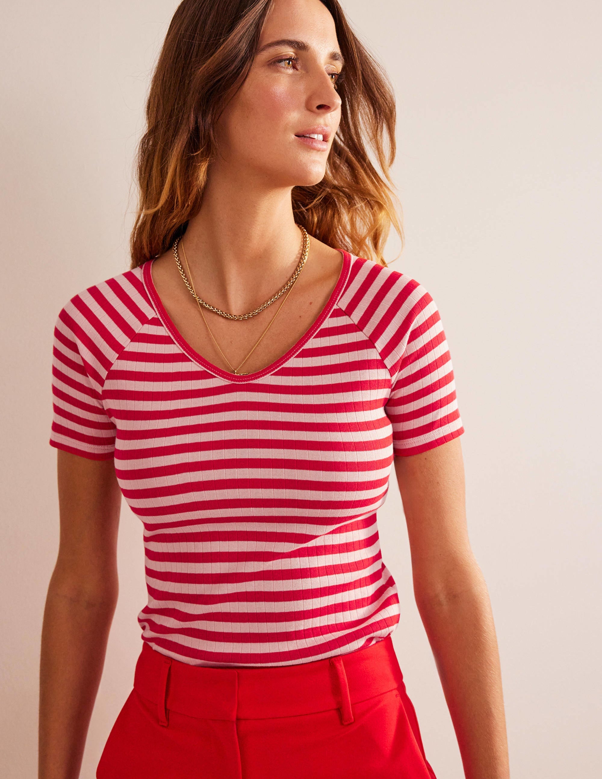 Anna Rib V-Neck T-Shirt-Peach Skin, Hot Pepper Stripe - Image 4