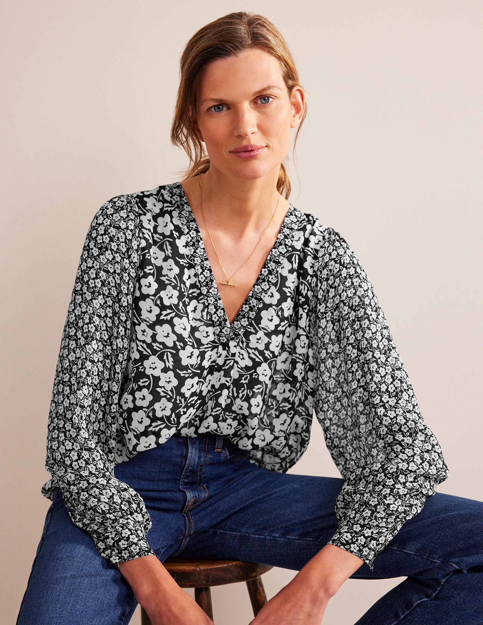 Printed V-Neck Blouse-Black, Petal Pop - Image 1