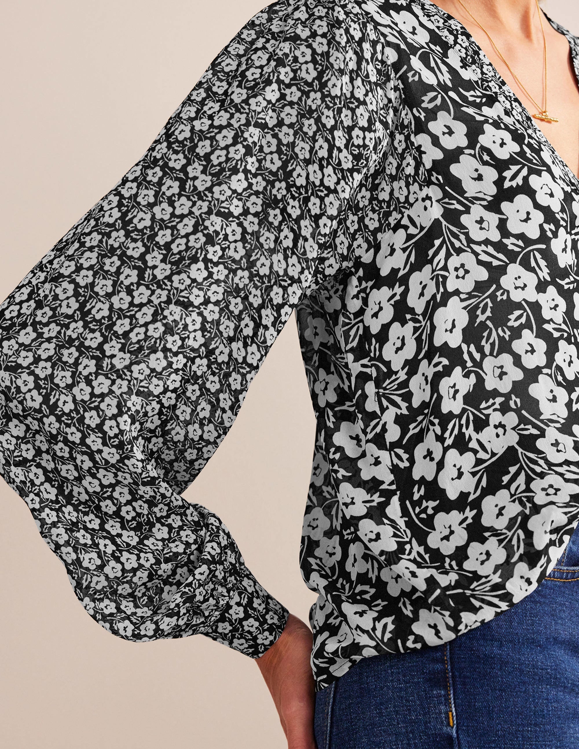 Printed V-Neck Blouse-Black, Petal Pop - Image 2