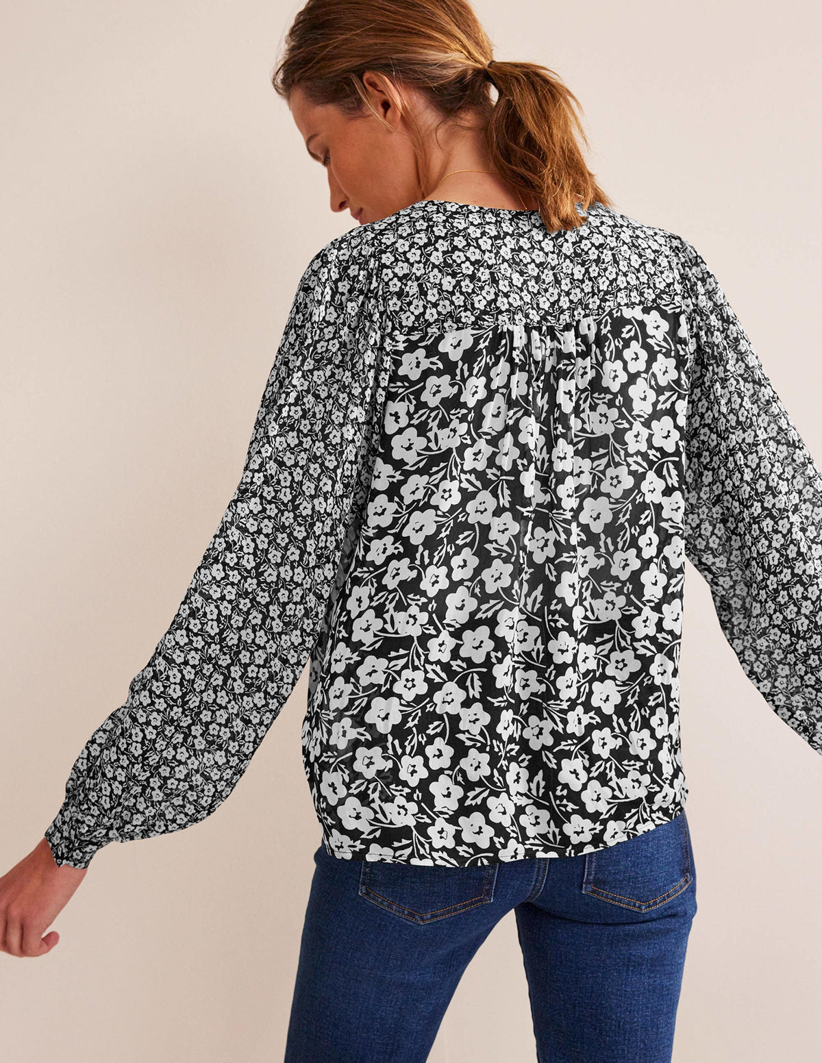 Printed V-Neck Blouse-Black, Petal Pop - Image 3