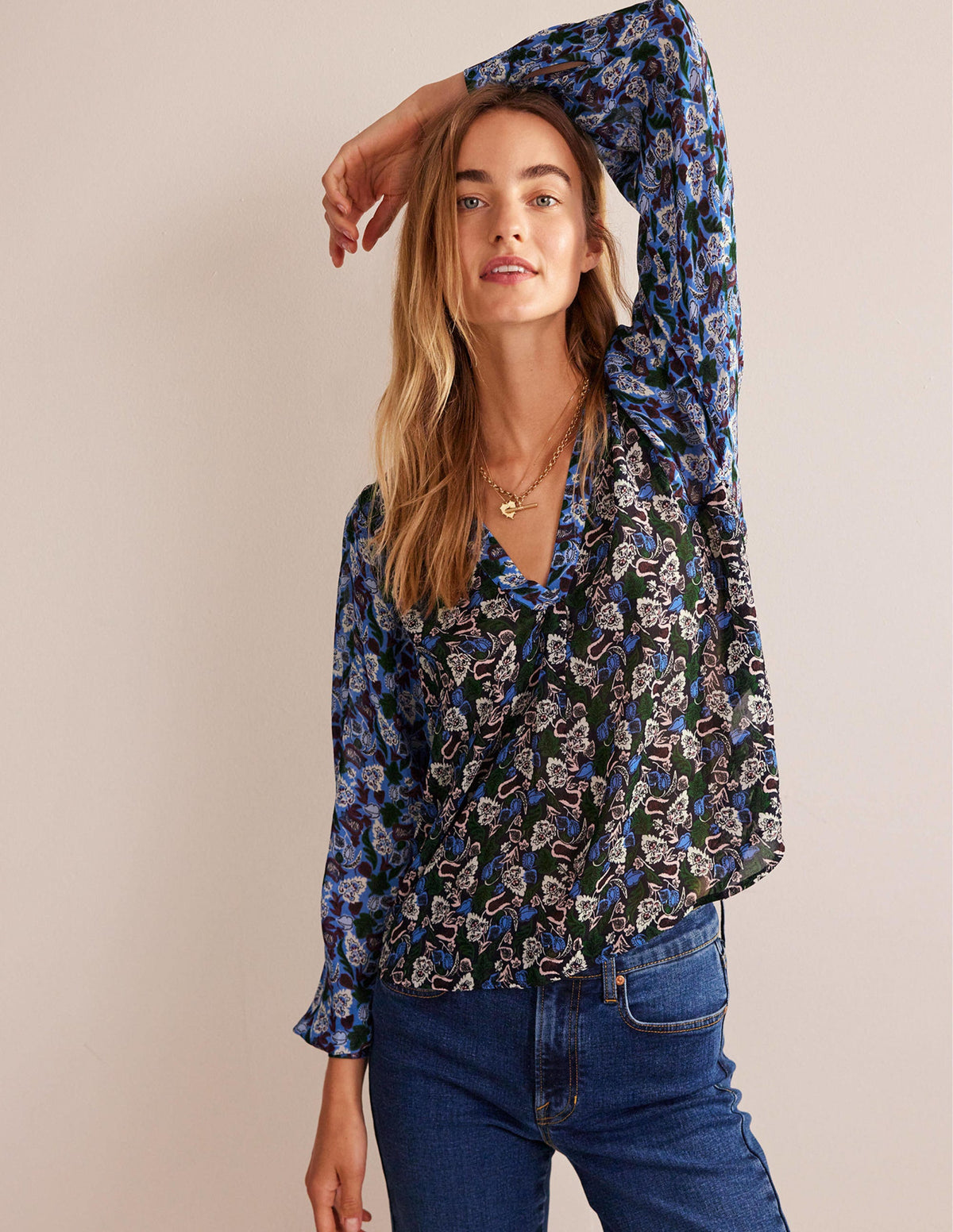 Printed V-Neck Blouse-Multi, Tulip Bloom - Image 1