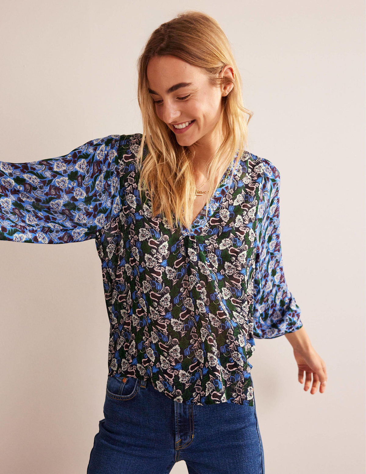 Printed V-Neck Blouse-Multi, Tulip Bloom-4