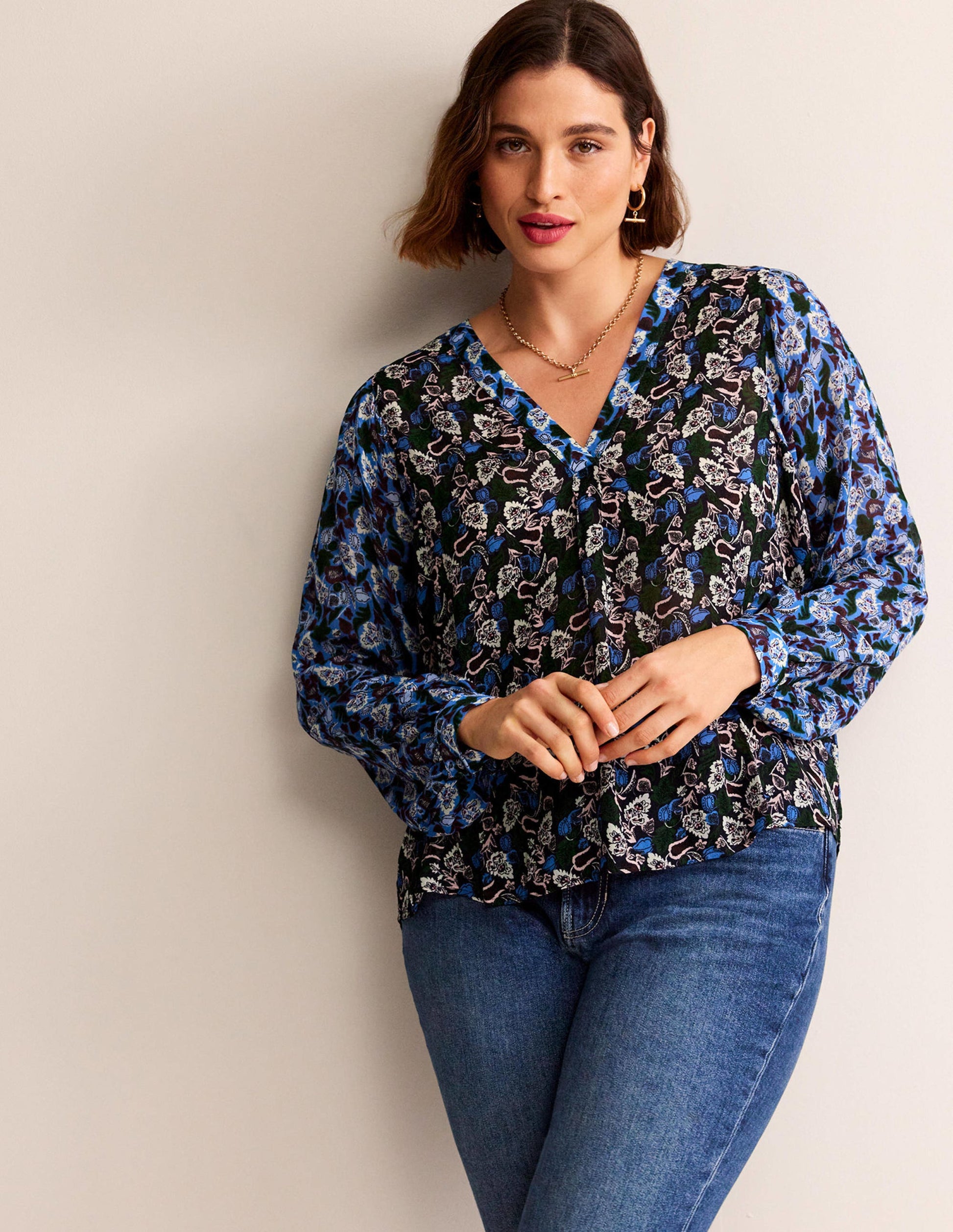 Printed V-Neck Blouse-Multi, Tulip Bloom-5