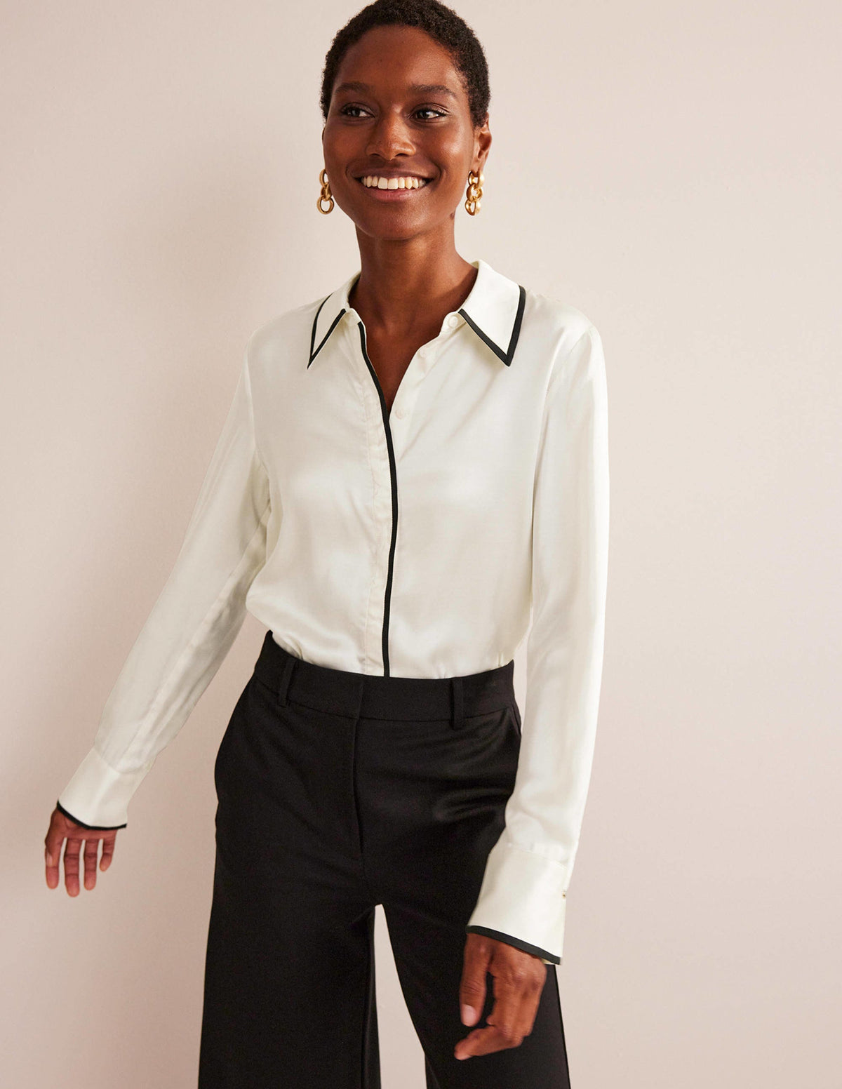 Straight Satin-Tipped Shirt-Ivory, Black - Image 1