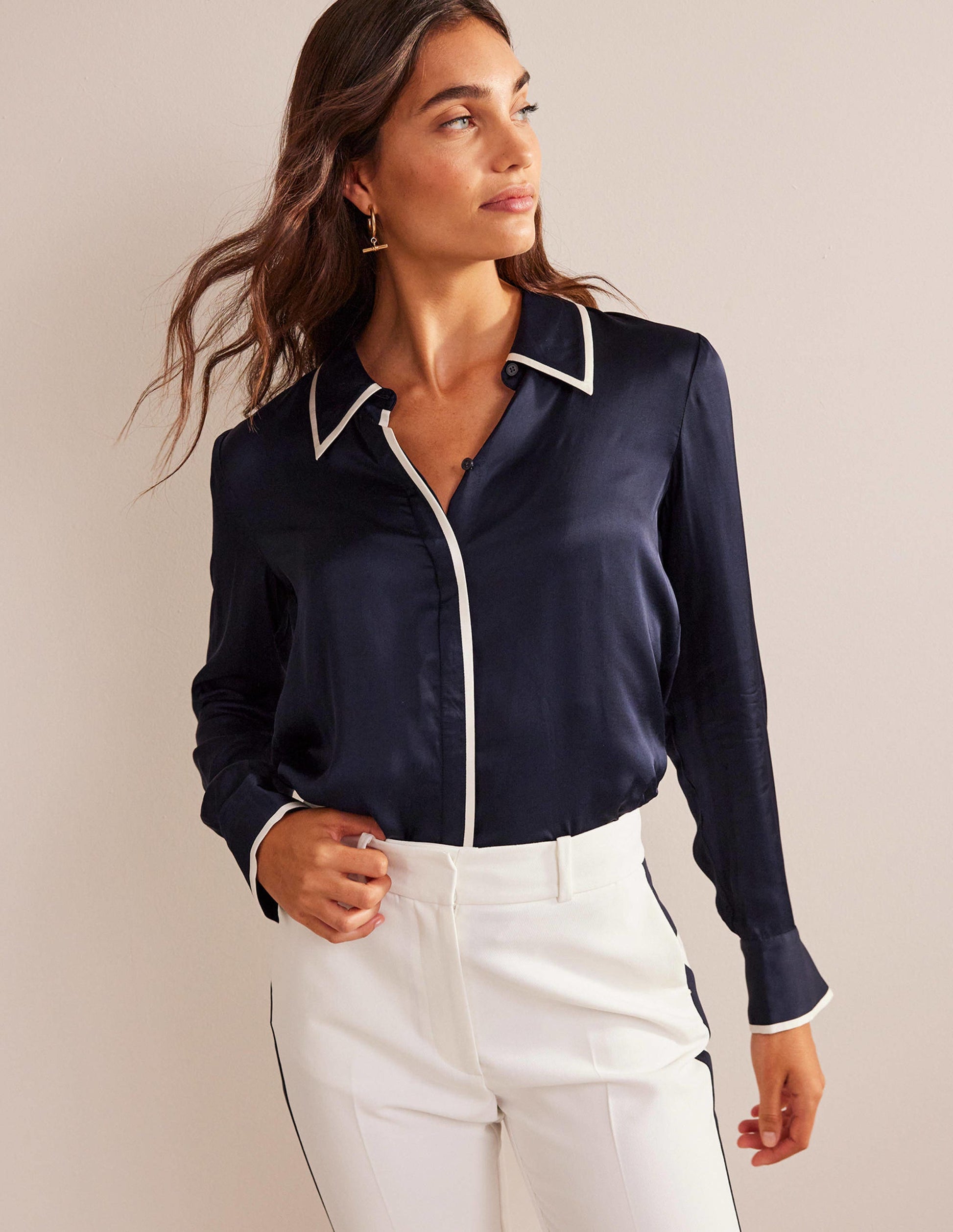 Straight Satin-Tipped Shirt-Navy-1