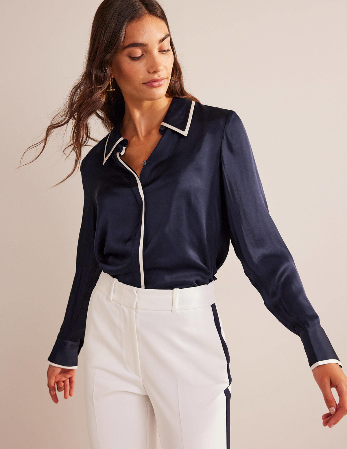 Straight Satin-Tipped Shirt-Navy - Image 4