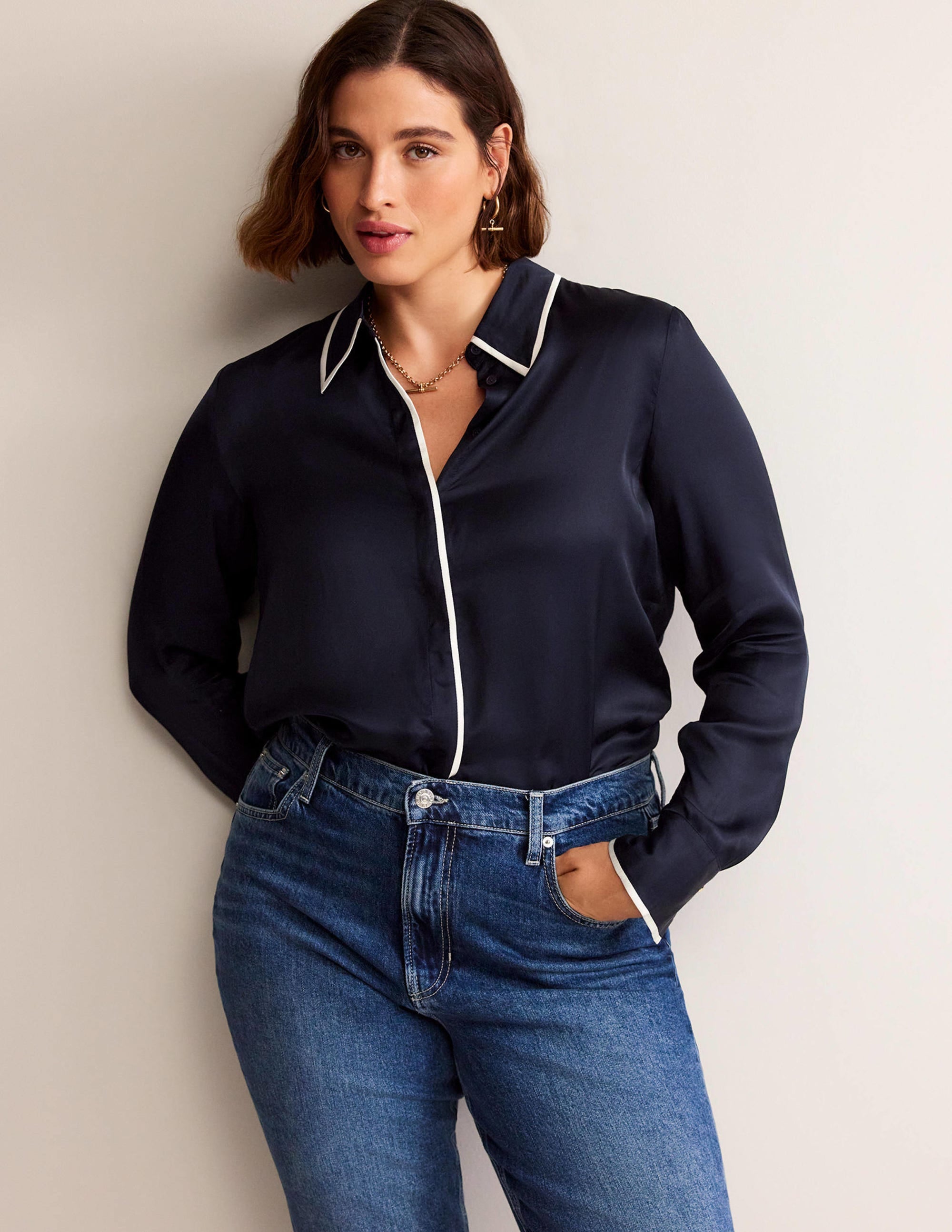 Straight Satin-Tipped Shirt-Navy - Image 5
