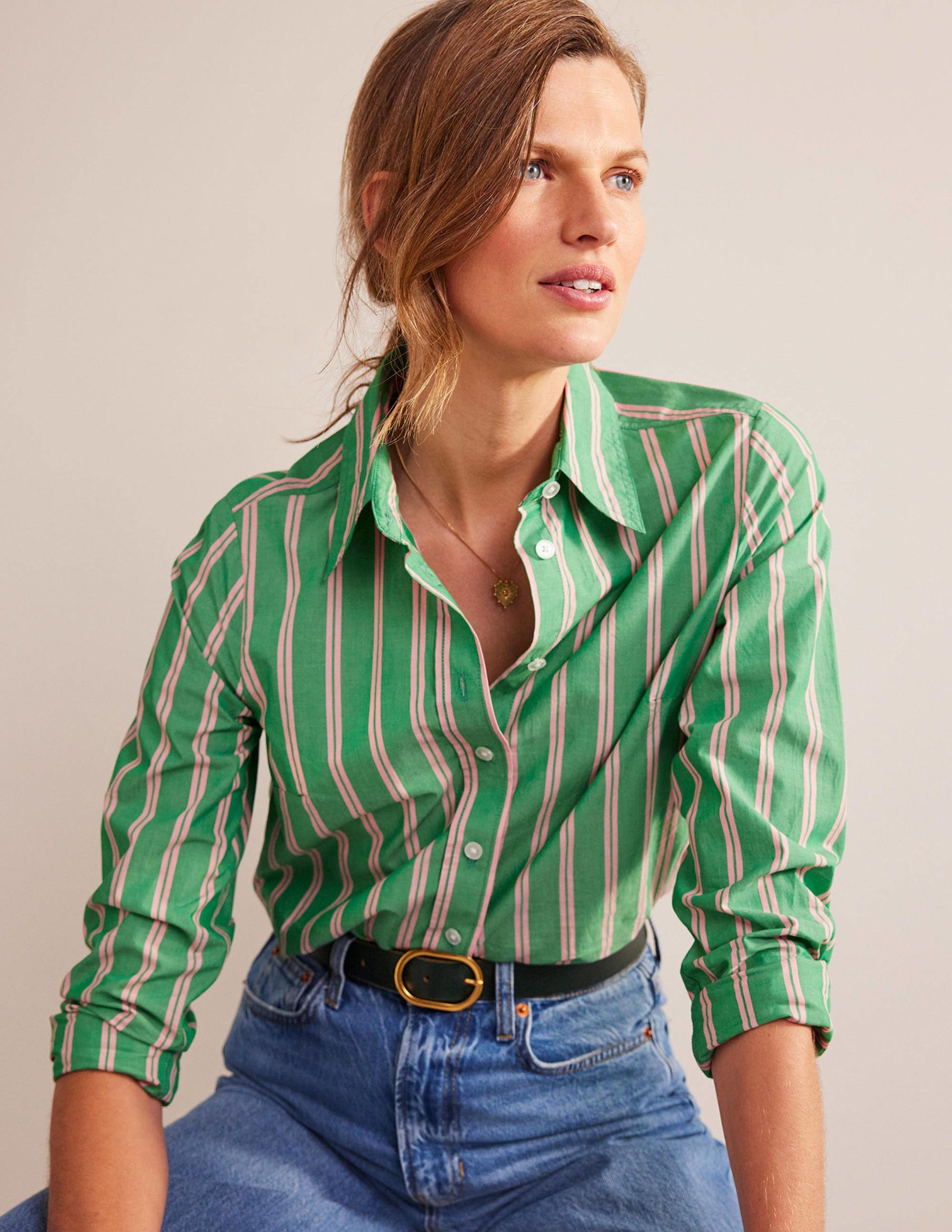 Sienna Cotton Shirt-Green and Pink Tram Stripe-1