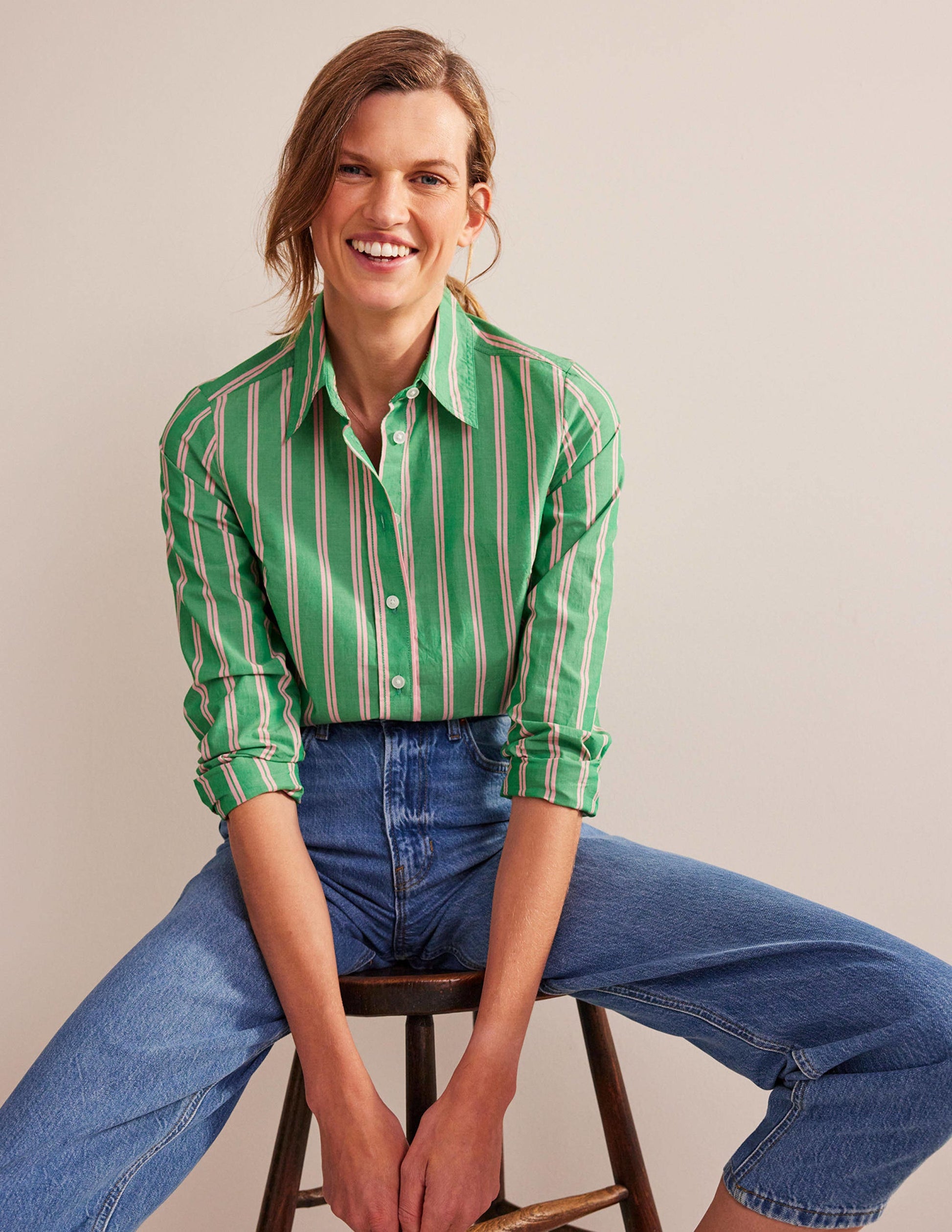 Sienna Cotton Shirt-Green and Pink Tram Stripe-4