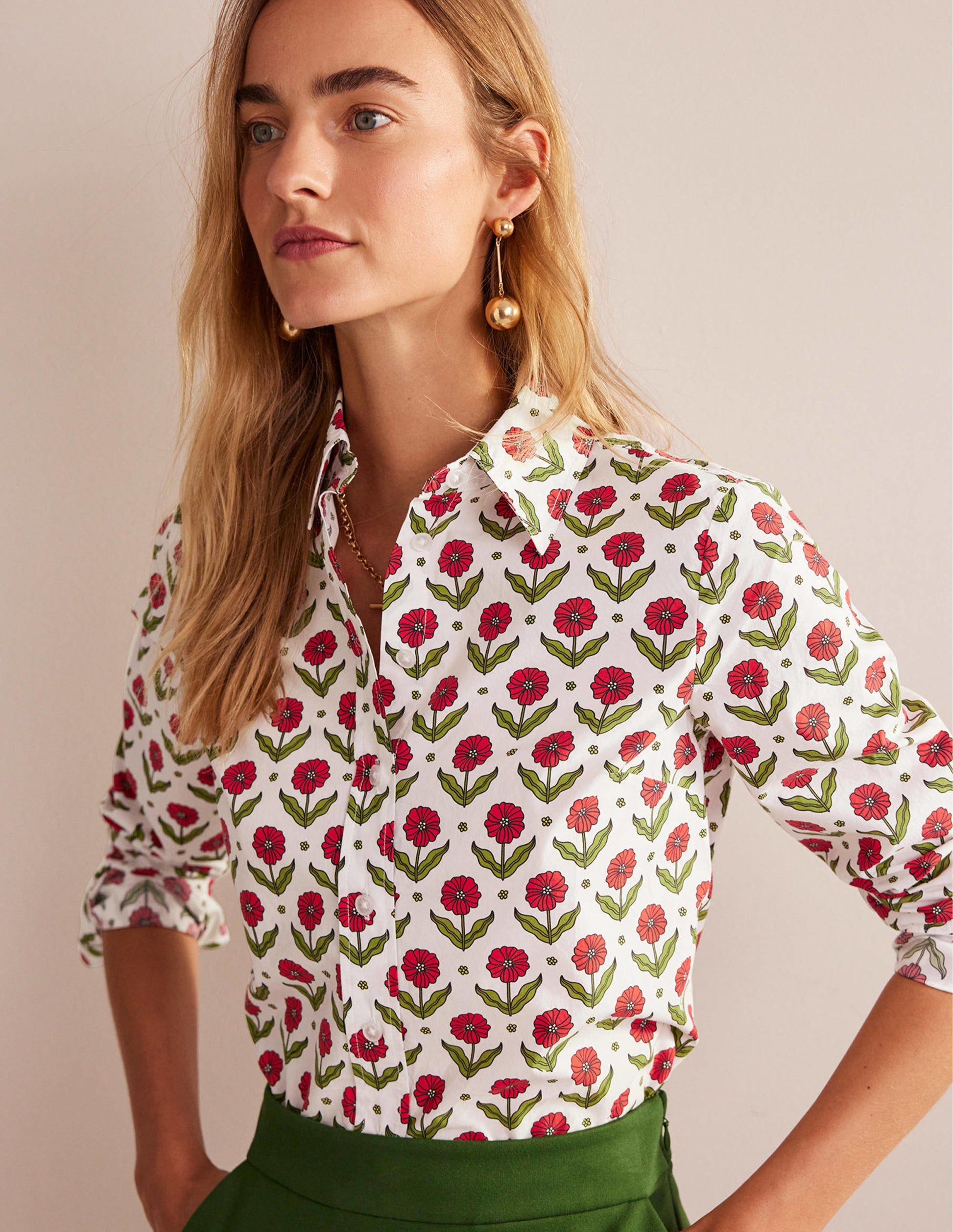 Sienna Cotton Shirt-Ivory, Daisy Foliage-1