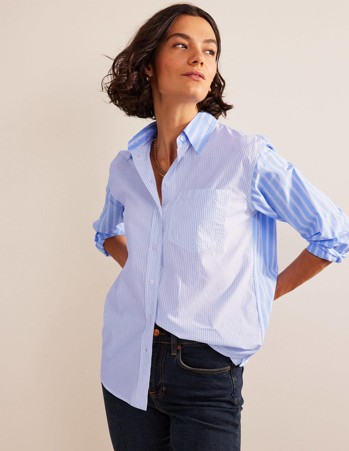 Connie Relaxed Cotton Shirt-Ivory, Blue Hotch Stripe-1