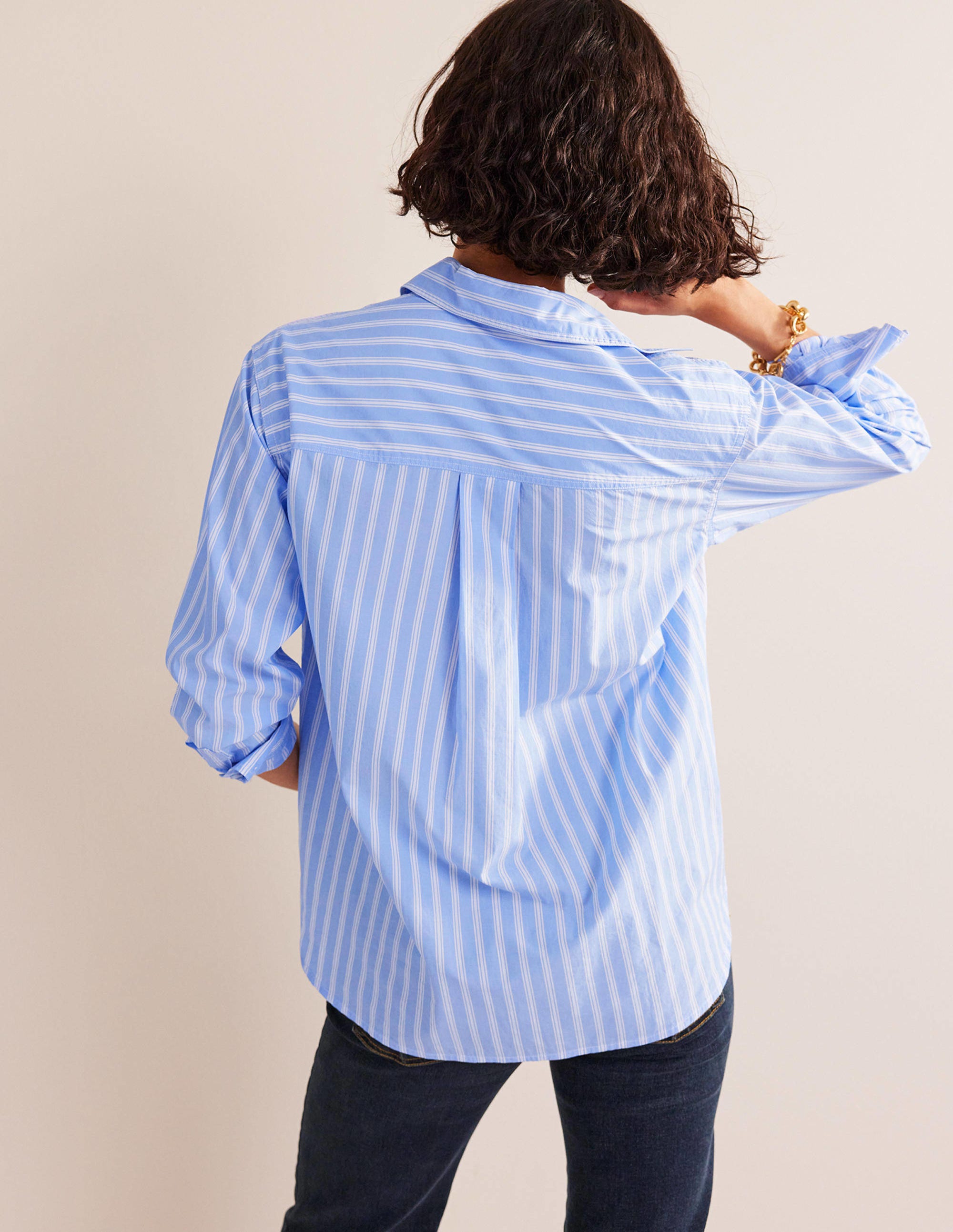 Connie Relaxed Cotton Shirt-Ivory, Blue Hotch Stripe - Image 3