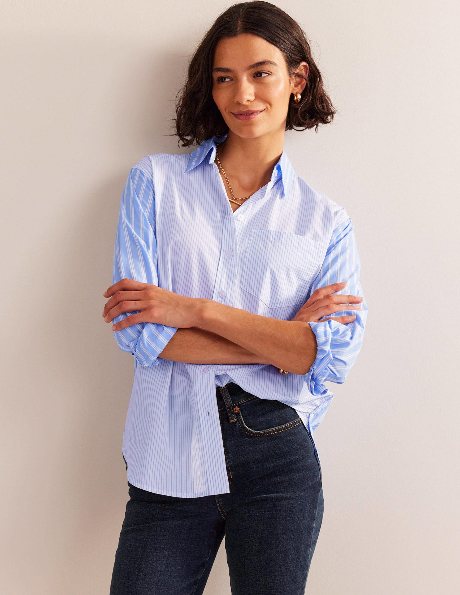 Connie Relaxed Cotton Shirt-Ivory, Blue Hotch Stripe-4