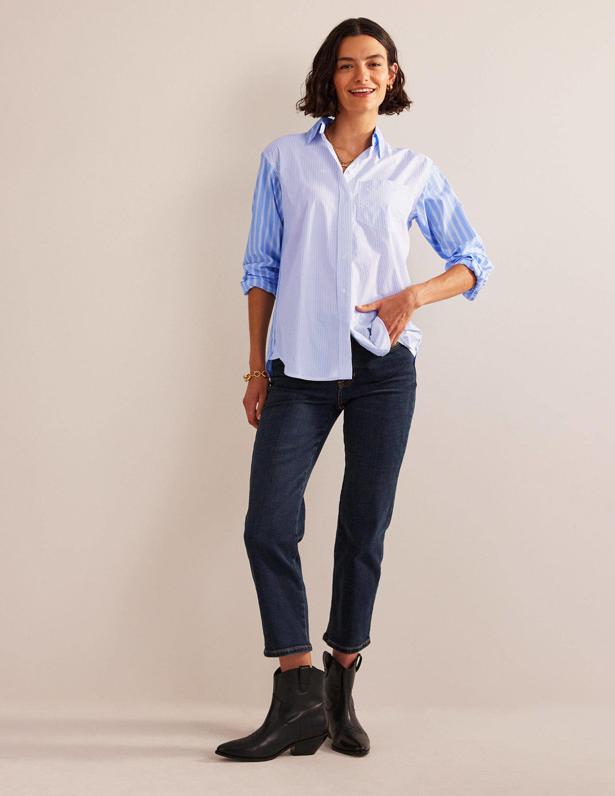Connie Relaxed Cotton Shirt-Ivory, Blue Hotch Stripe - Image 5